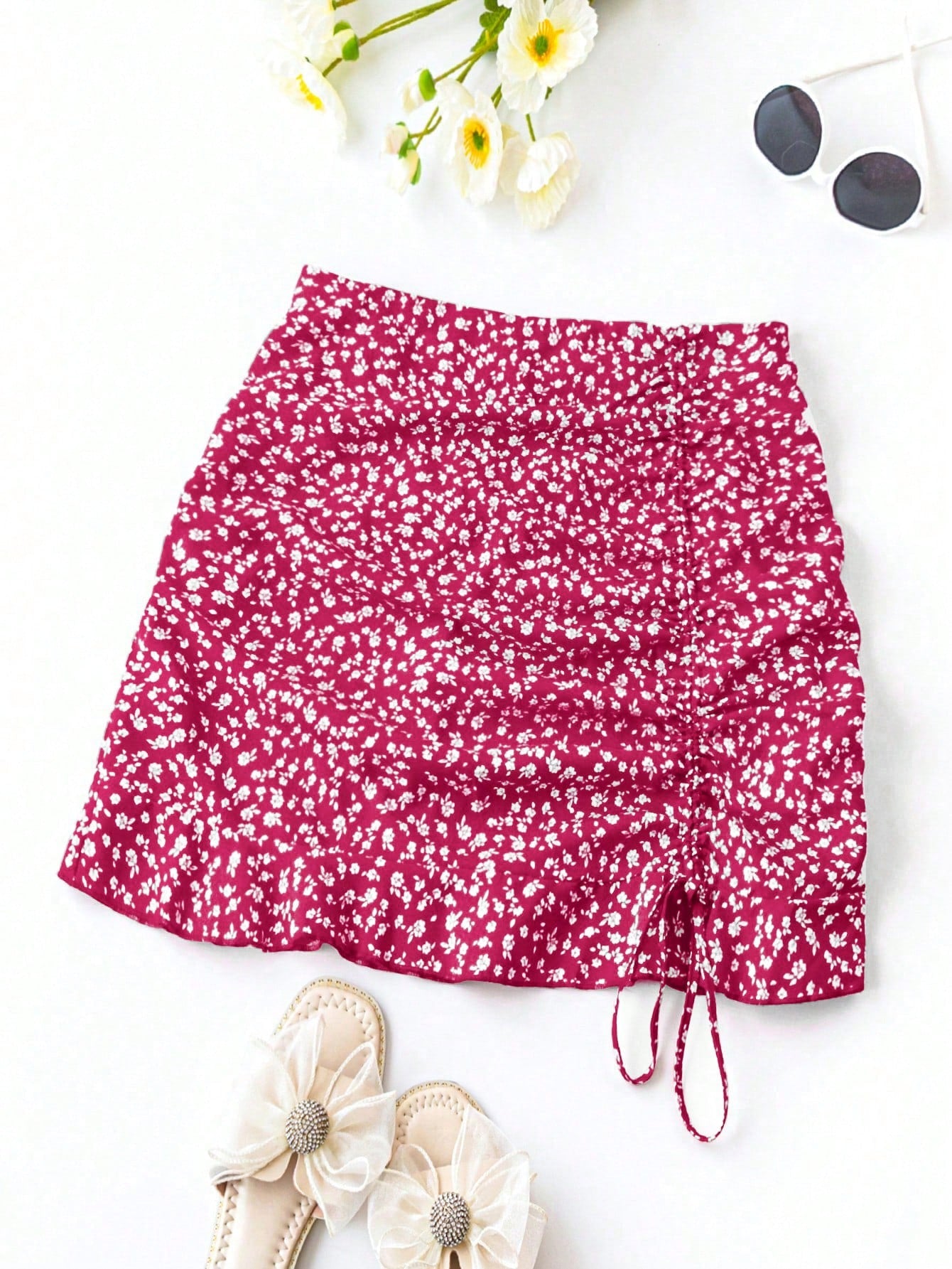 Plus Size Summer Casual Vacation Small Floral Print Drawstring Detail Skirt