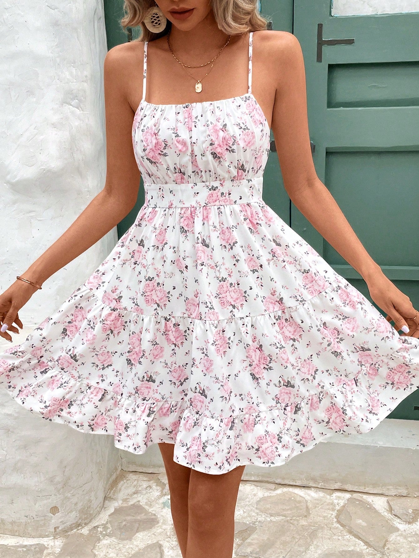 Frenchy Floral Print Ruched Bust Cami Dress Vacation Summer Short Dress Bridgerton