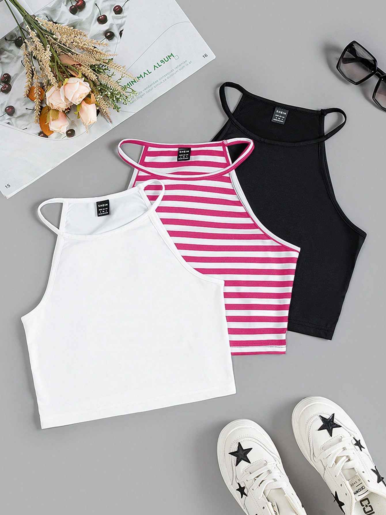 Summer 3pcs/Set Knitted Striped Halter Tight Top With Color-Blocking Design