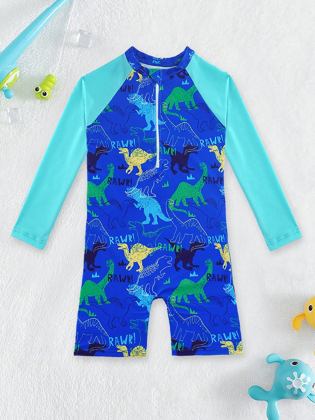 Young Boy Allover Dinosaur Print Zipper Front One Piece Swimsuit