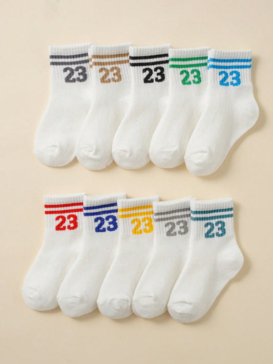 10 Pairs/Pack Breathable Solid Color Numeric Double-Bar Baby Socks For Boys And Girls