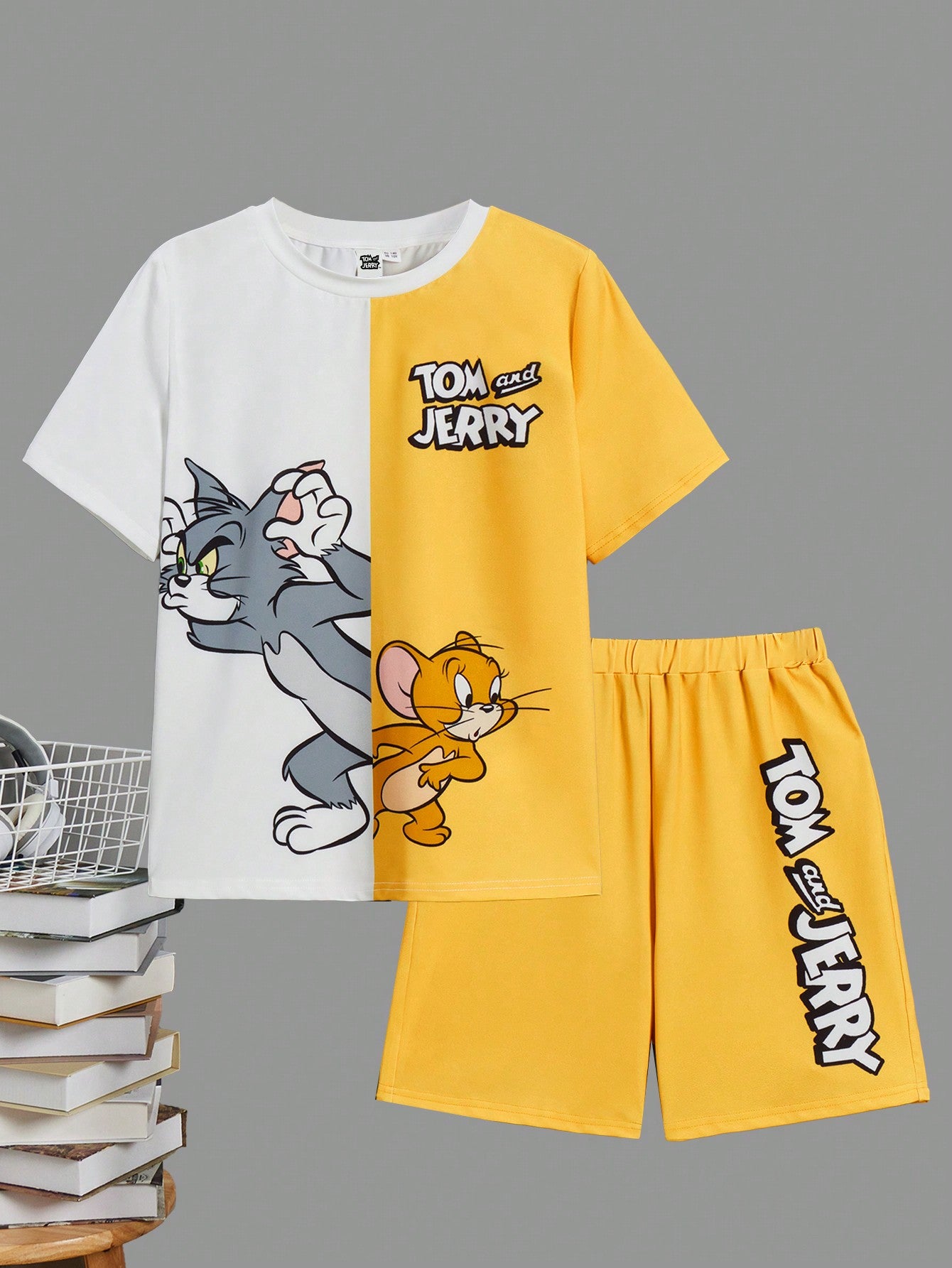 Tween Boy Casual Cartoon Printed Two Tone Short Sleeve T-Shirt And Shorts, Summer