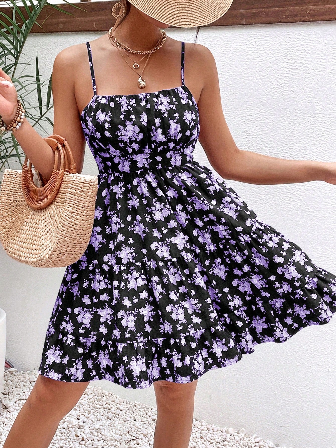 Frenchy Floral Print Ruched Bust Cami Dress Vacation Summer Short Dress Bridgerton