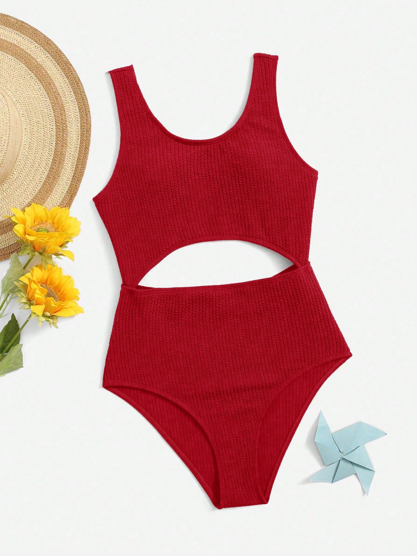 Teen Girls Textured Cut Out One Piece Swimsuit