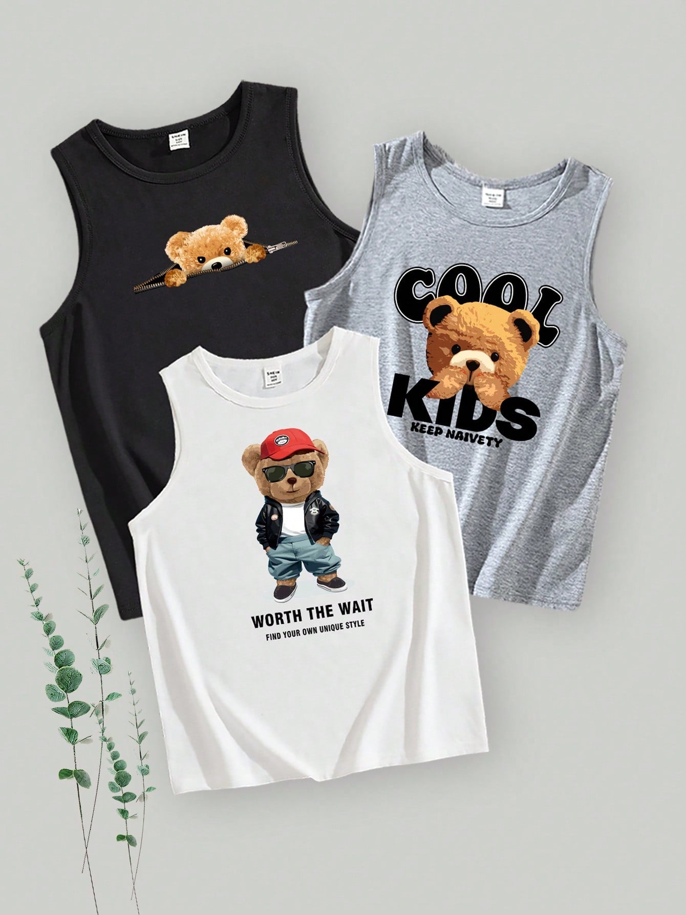 3pcs/Set Tween Boy Casual Simple Cartoon Bear Pattern Round Neck Regular Tank Tops, Suitable For Summer