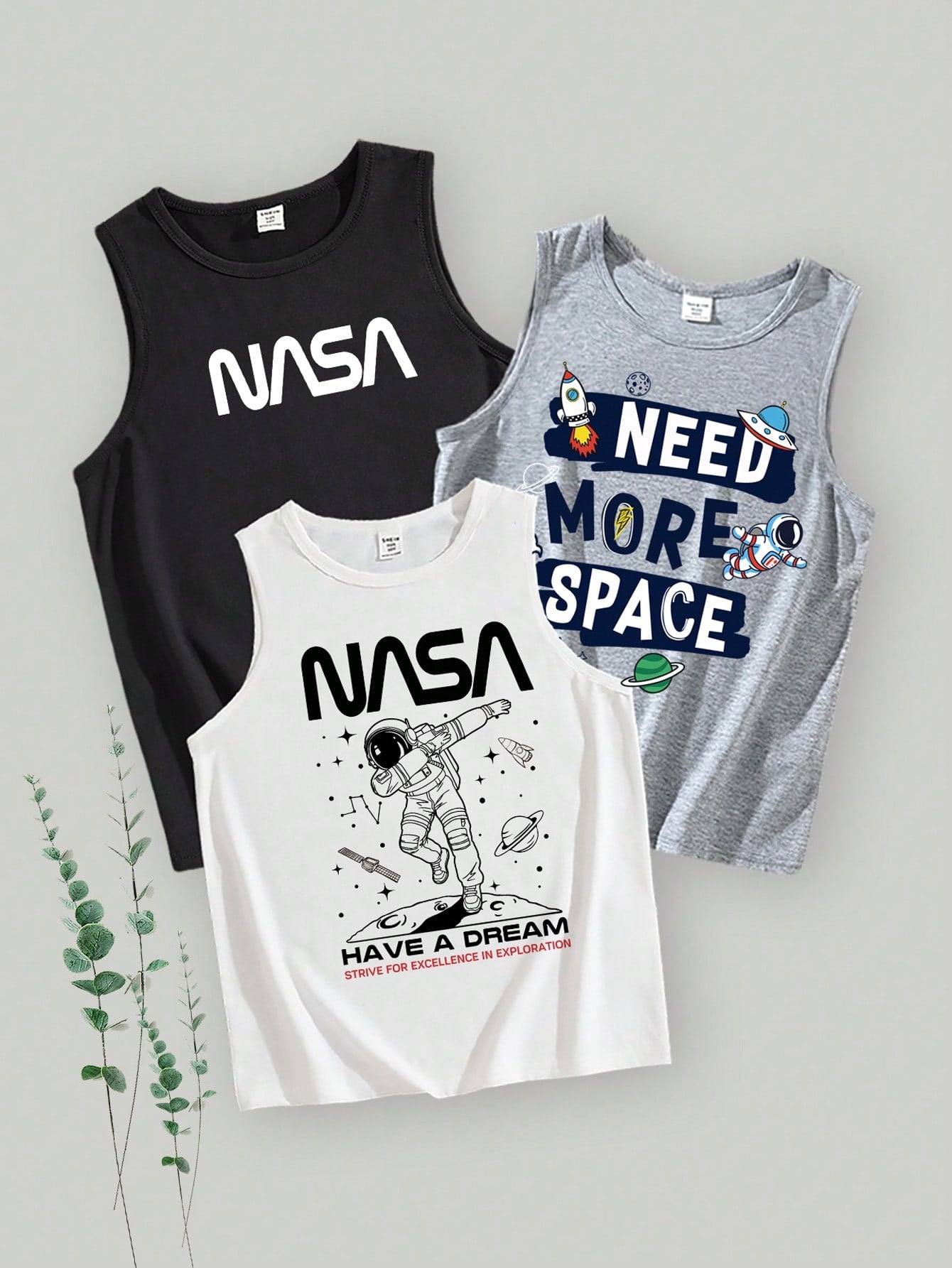 3pcs/Set Tween Boy Casual Simple Cartoon Letter Print Round Neck Regular Tank Tops, Summer