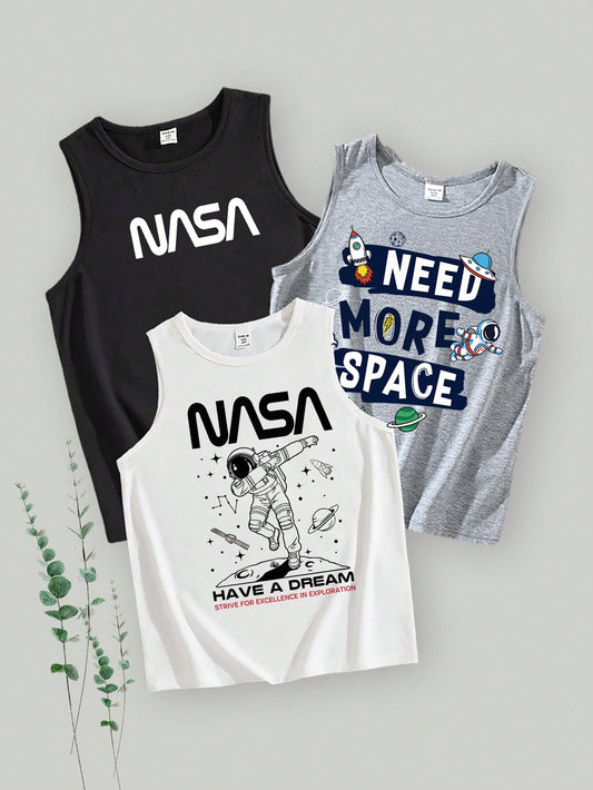 3pcs/Set Tween Boy Casual Simple Cartoon Letter Print Round Neck Regular Tank Tops, Summer