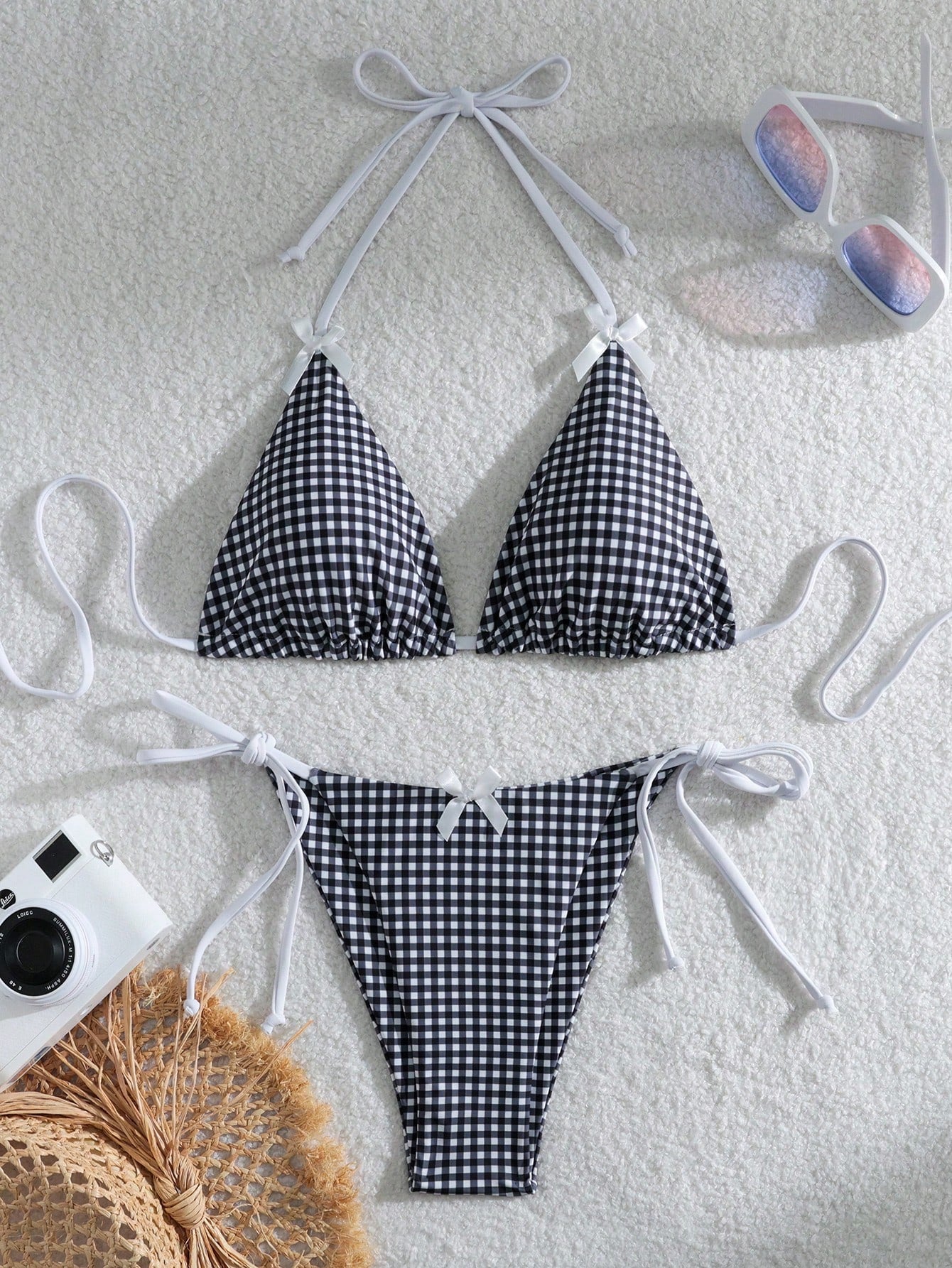 Swim Mod Summer Beach Checkered V-Neck Halter Bikini Set