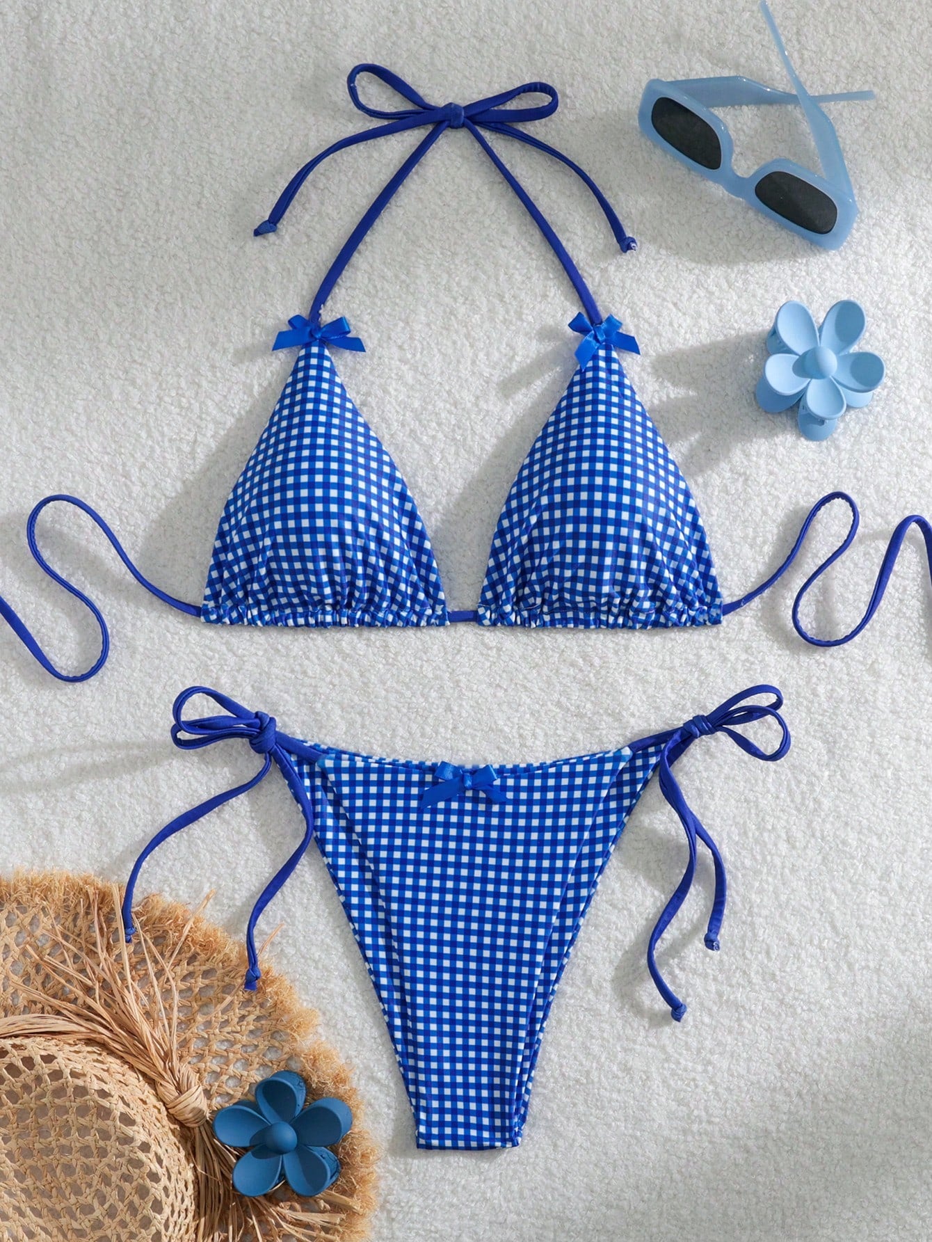 Swim Mod Summer Beach Checkered V-Neck Halter Bikini Set