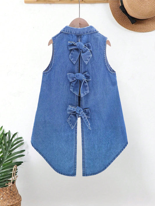 Tween Girl Lapel Collar Button Front Cute Denim Shirt With Back Bow Decoration And Curved Hemline,Girls Summer Beach Washed Vacation Clothes Outfits