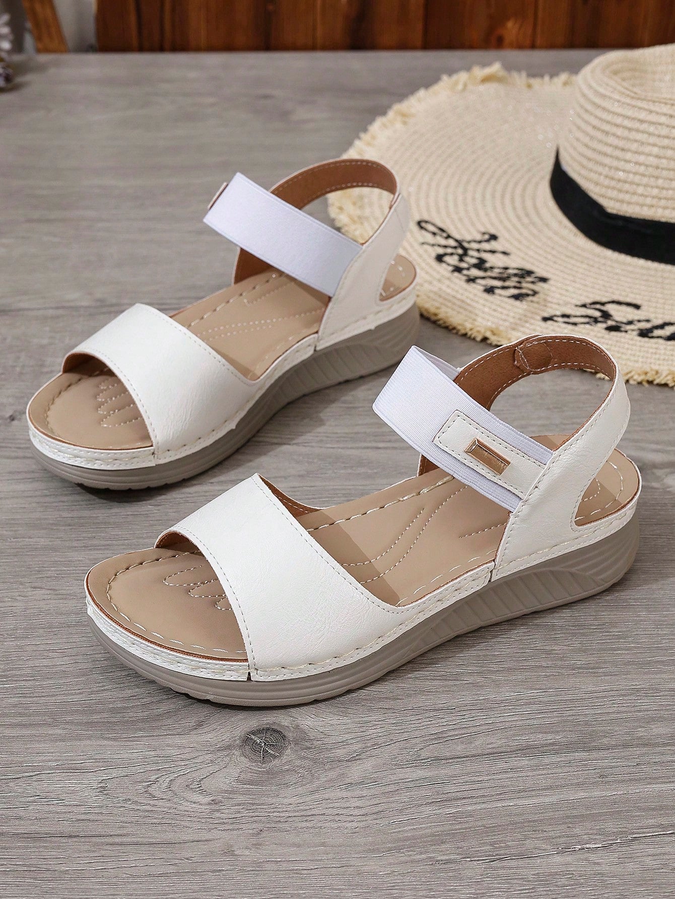 2023 New Arrival Stylish Vintage Elastic Band Women's Sandals With Stitch Detail, Lightweight Wedge Heel Soft Bottomed Women's Sandals