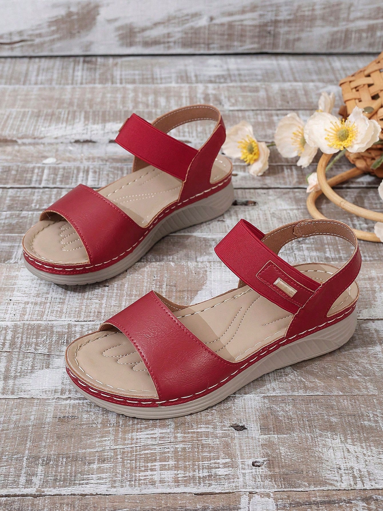 2023 New Arrival Stylish Vintage Elastic Band Women's Sandals With Stitch Detail, Lightweight Wedge Heel Soft Bottomed Women's Sandals