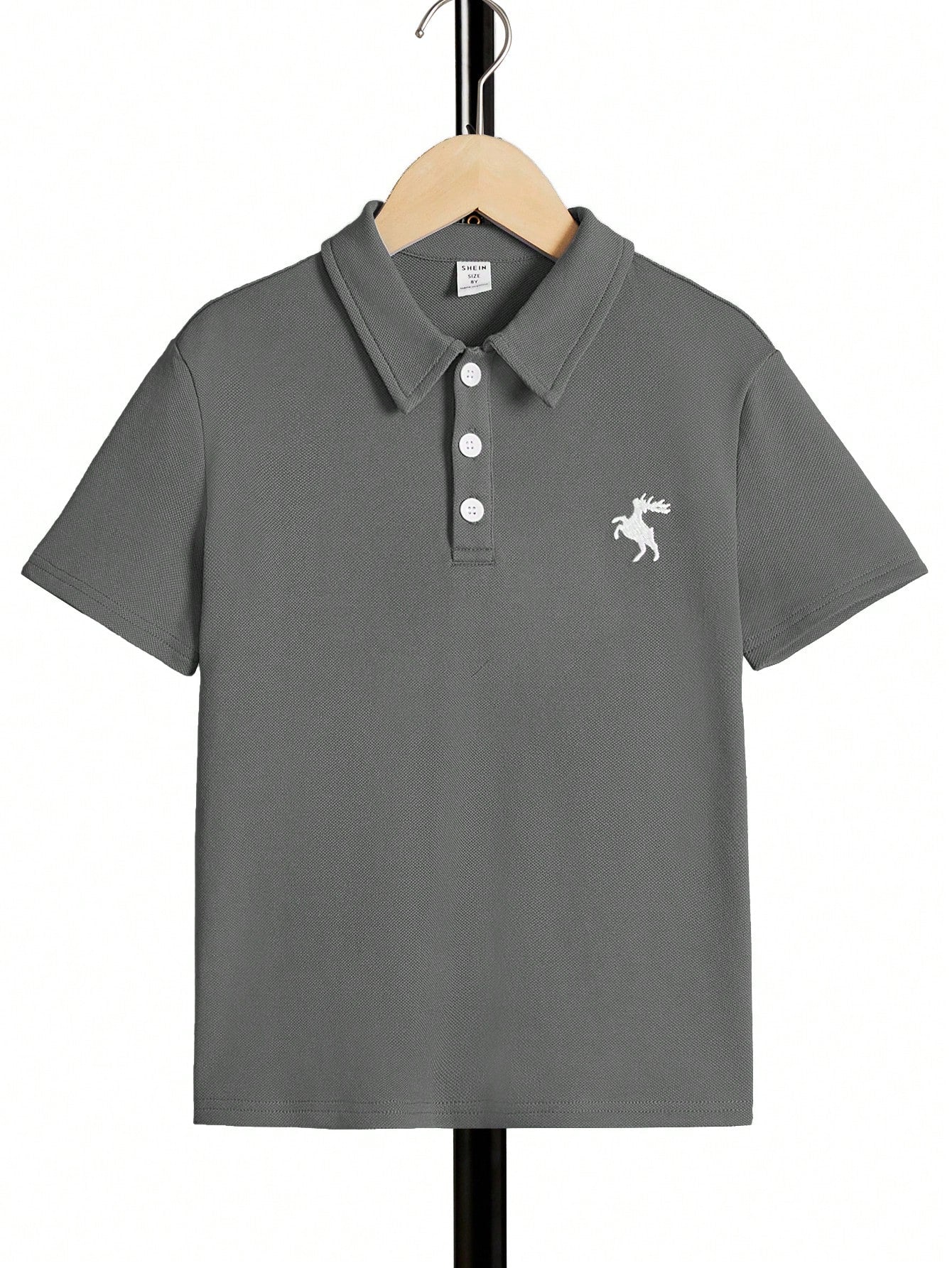 Tween Boy Deer Embroidery Polo Shirt Short Sleeve Casual Daily Wear, Summer