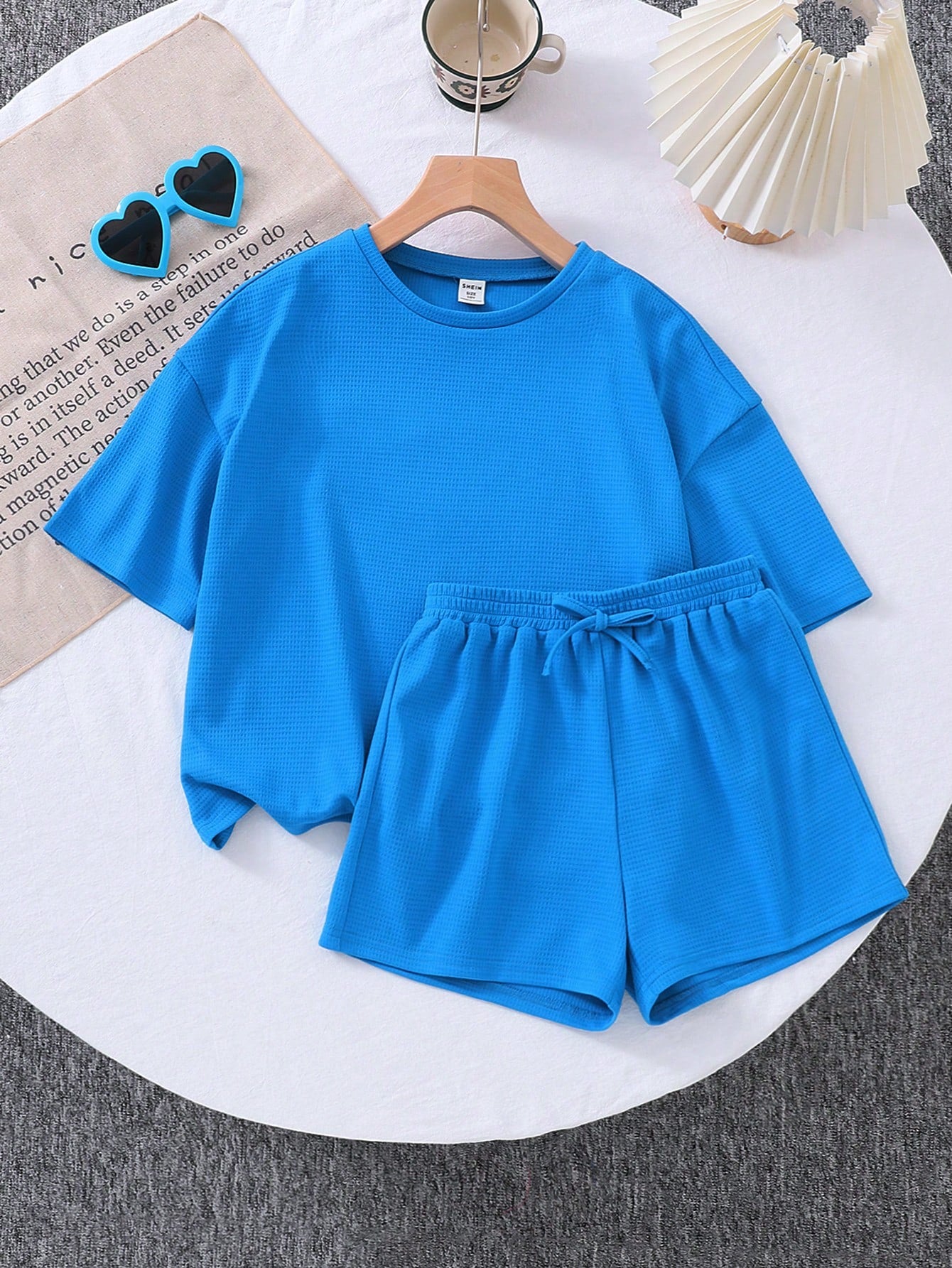 Tween Girl Solid Color Knitted Short Sleeve Round Neck Top And Loose Shorts Casual Two-Piece Outfit