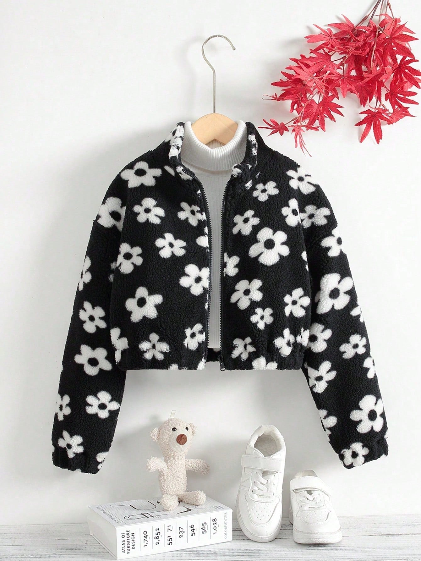 Tween Girl Floral Printed Zipper Jacket With Long Sleeves