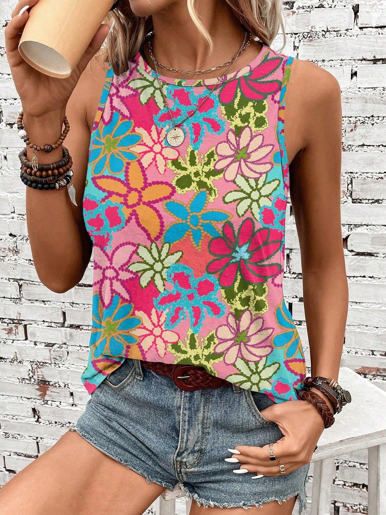 Feather Printed Vacation Style Women Camisole, Spring & Summer