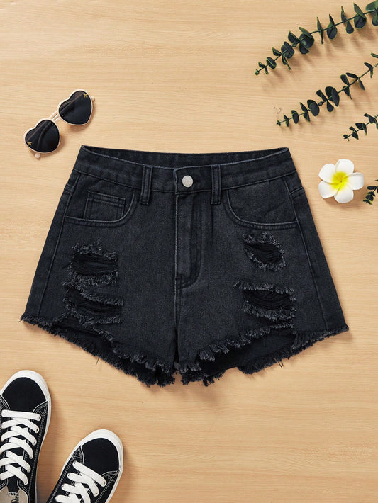 Teen Girl Summer Distressed Frayed Denim Shorts