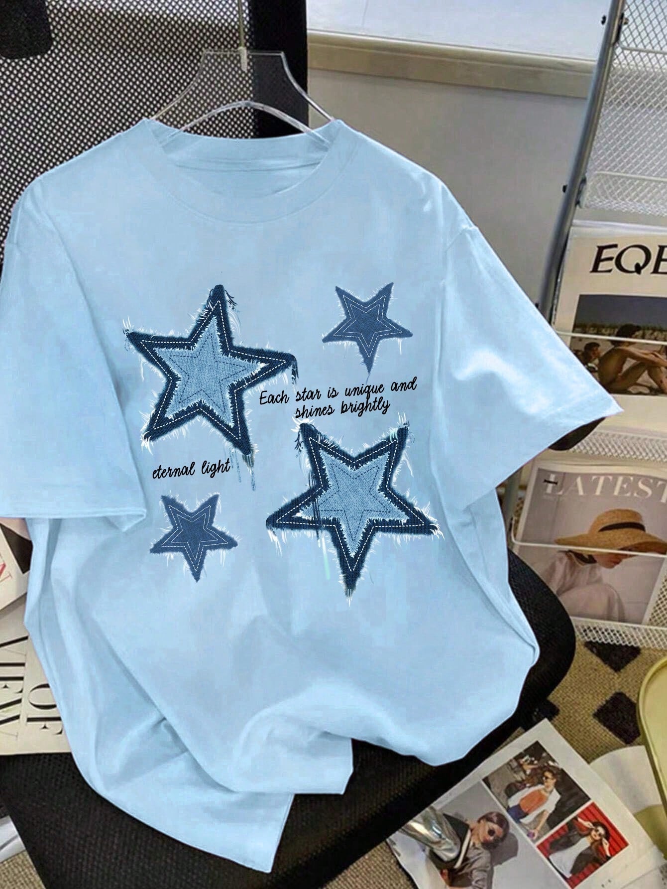 Teen Girls' Casual Simple Loose Fit Short Sleeve T-Shirt With Five-Pointed Star Pattern, Suitable For Summer