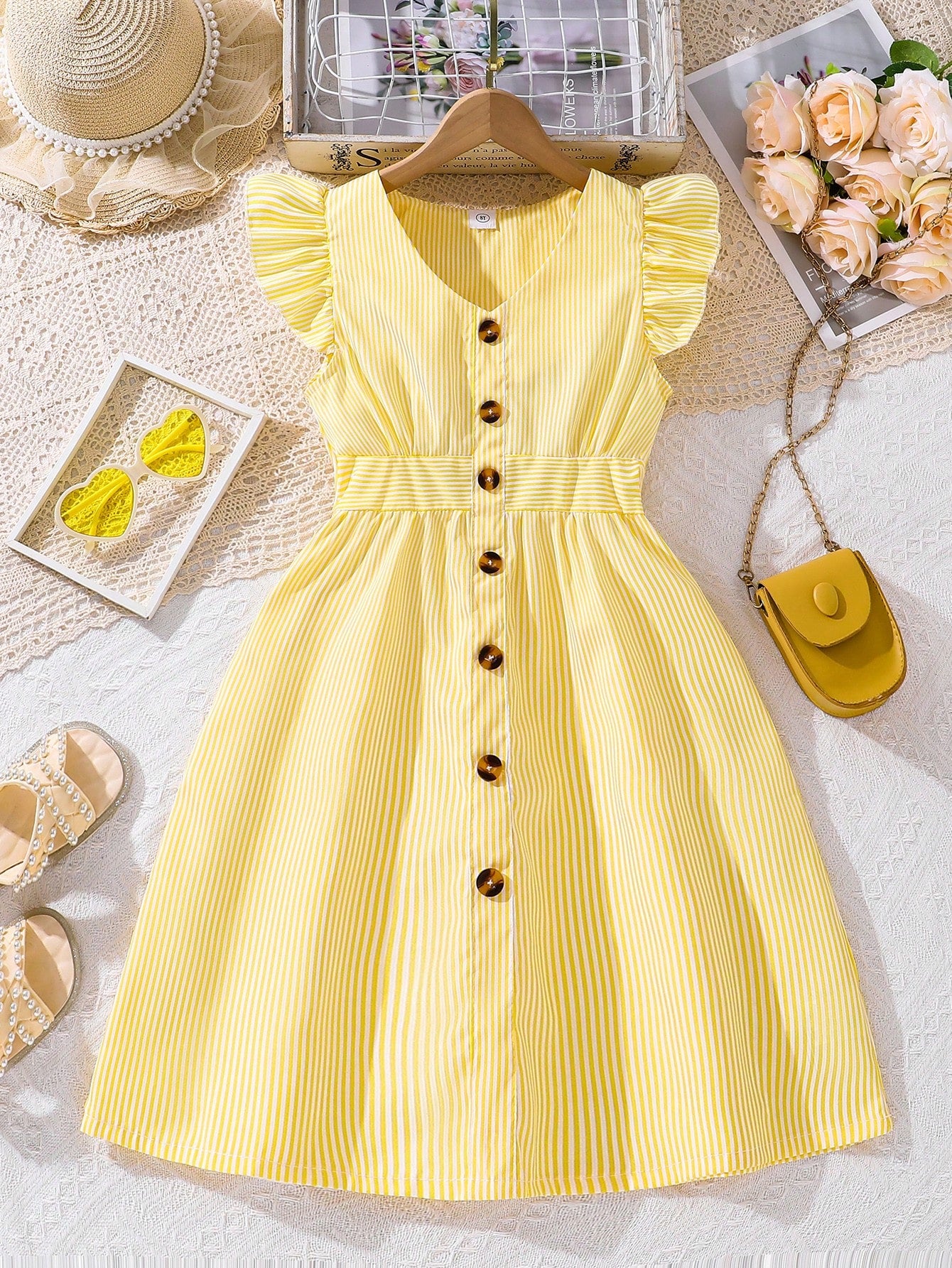 Tween Girl Fresh Striped Flying Sleeve V-Neck Cinched Waist Dress For Summer