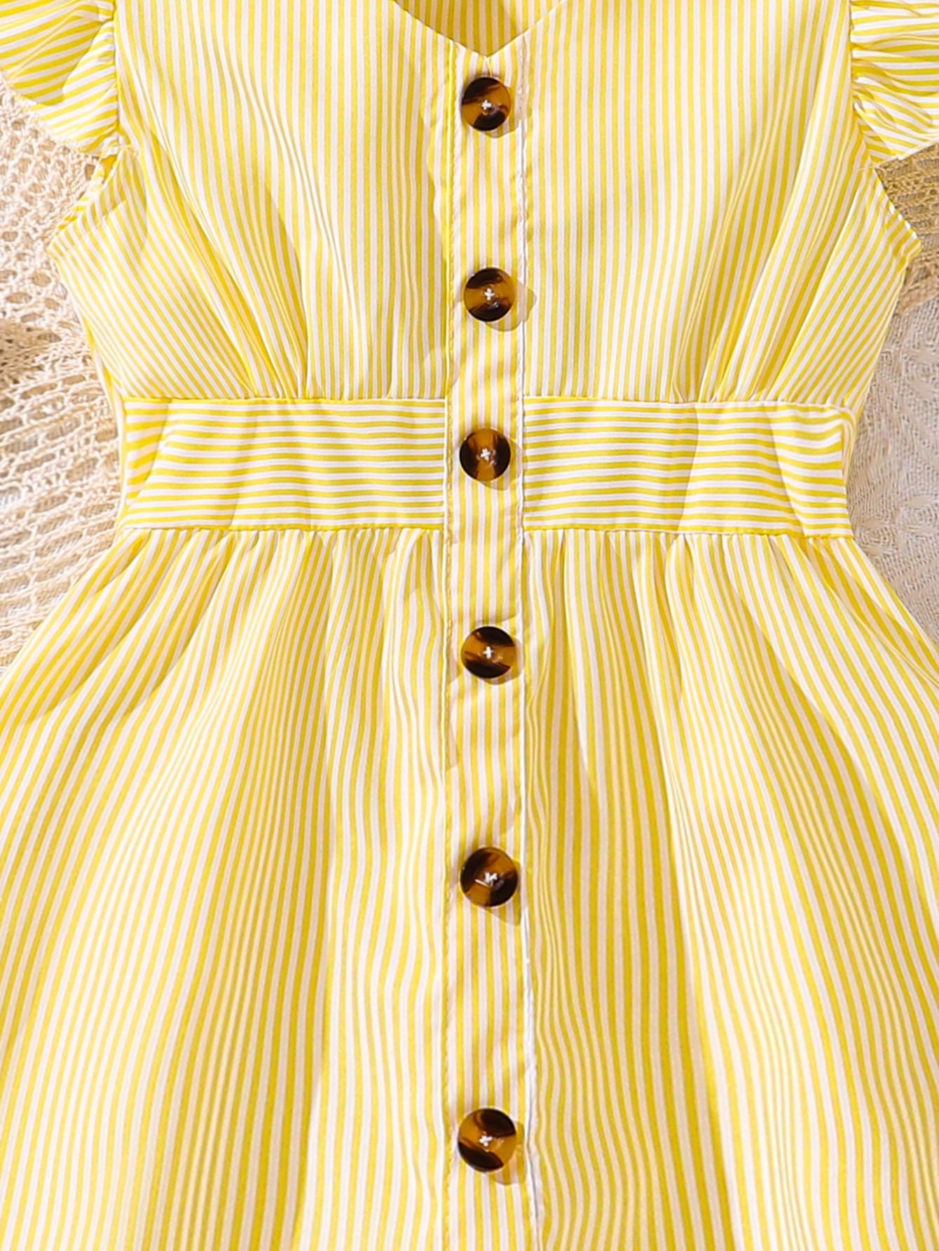 Tween Girl Fresh Striped Flying Sleeve V-Neck Cinched Waist Dress For Summer