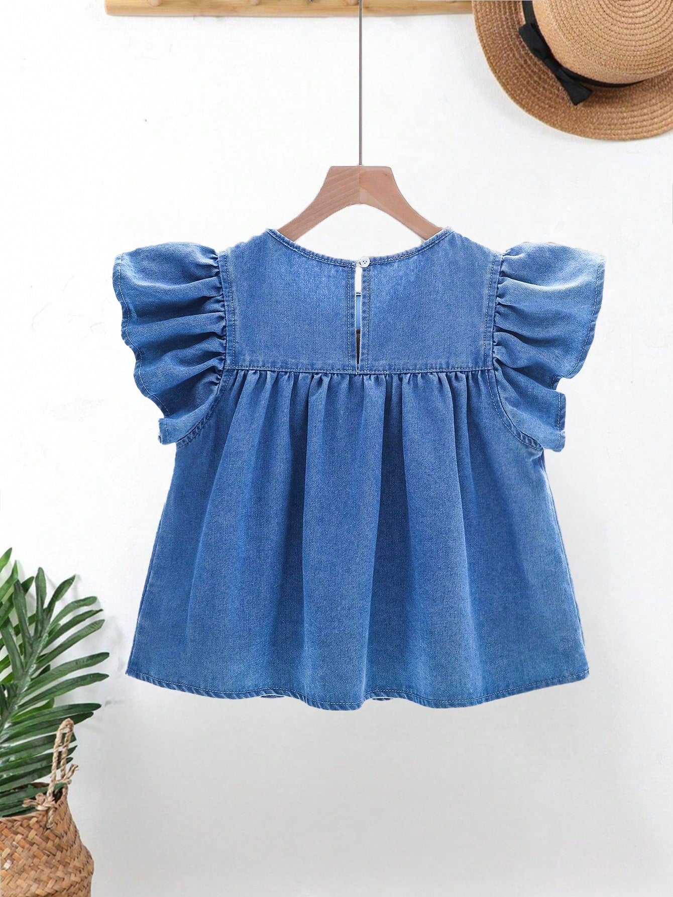 Tween Girl Embroidered Front Round Neck Casual Cute Striped Denim Jeans Shirt Blouse With Flounce Sleeve,Girls Summer Beach Washed Clothes Outfit