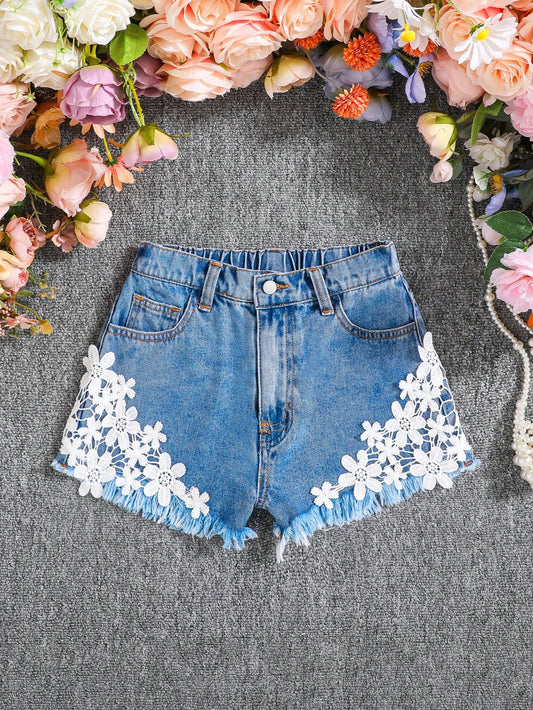 Tween Girl Summer Boho Floral Appliques Contrast Lace Raw Hem Denim Jeans Shorts With Slant Pocket,Girls Summer Vacation Shorts Outfits