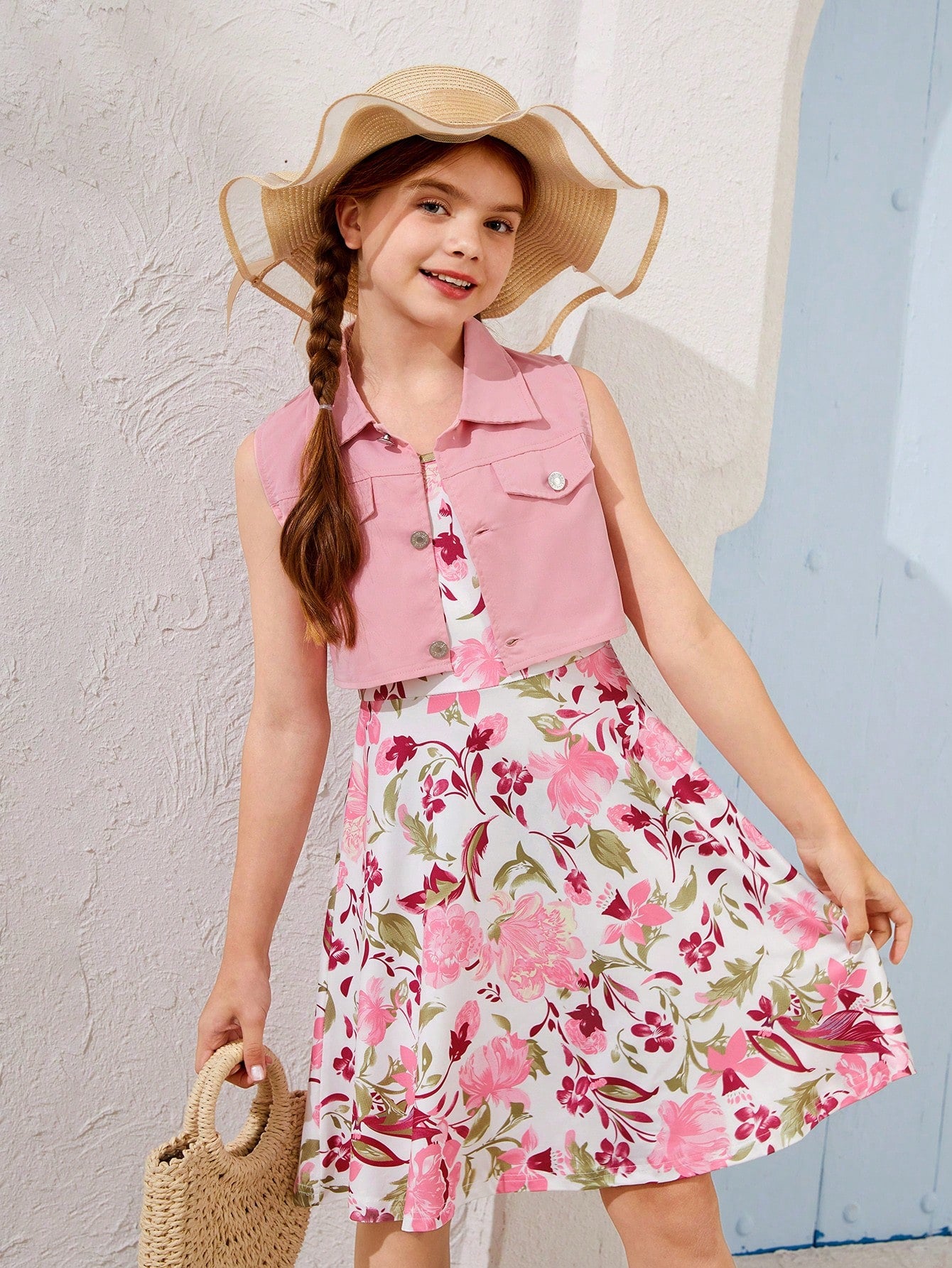 Tween Girl Casual Elegant Cute Vest Jacket And Flower Printed Slip Dress Two Piece Set