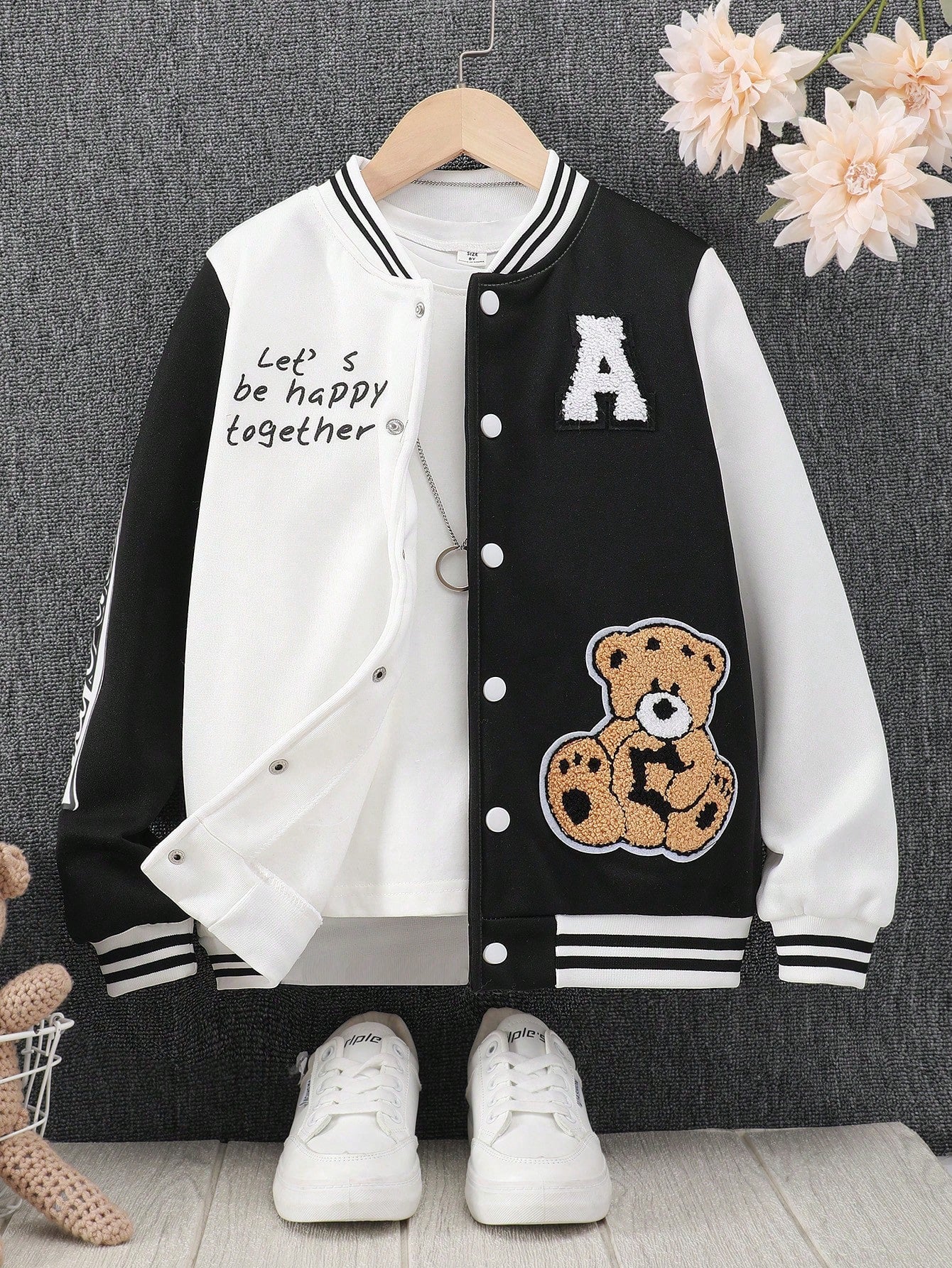 Teen Girl Spring/Autumn Casual Baseball Collar Jacket With Letter, Teddy Bear And Star Patches Long Sleeve Coat