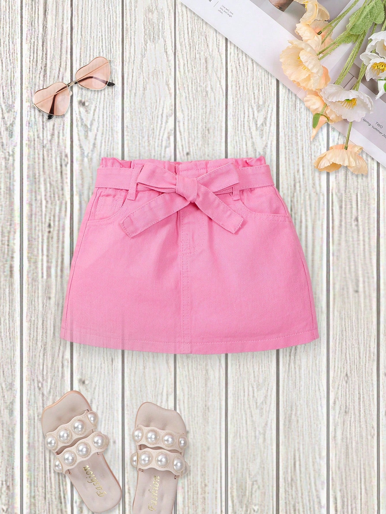 Young Girl Solid Color Simple Belted Decorated Denim A-Line Skirt