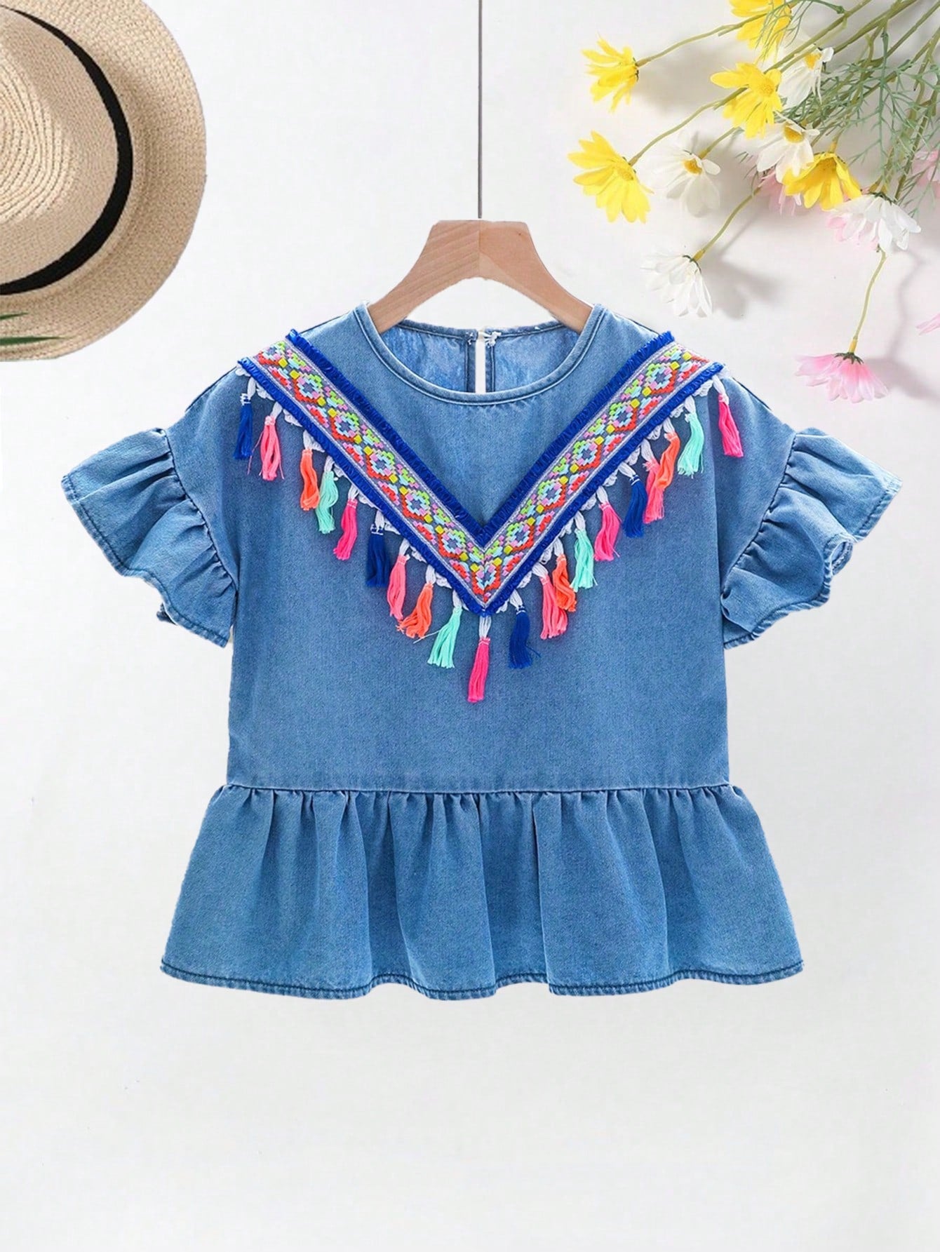 Tween Girl Summer Trendy Fringe Decorated Patchwork Tassel Round Neck Denim Shirt,Girls Summer Vacation Clothes Outfits