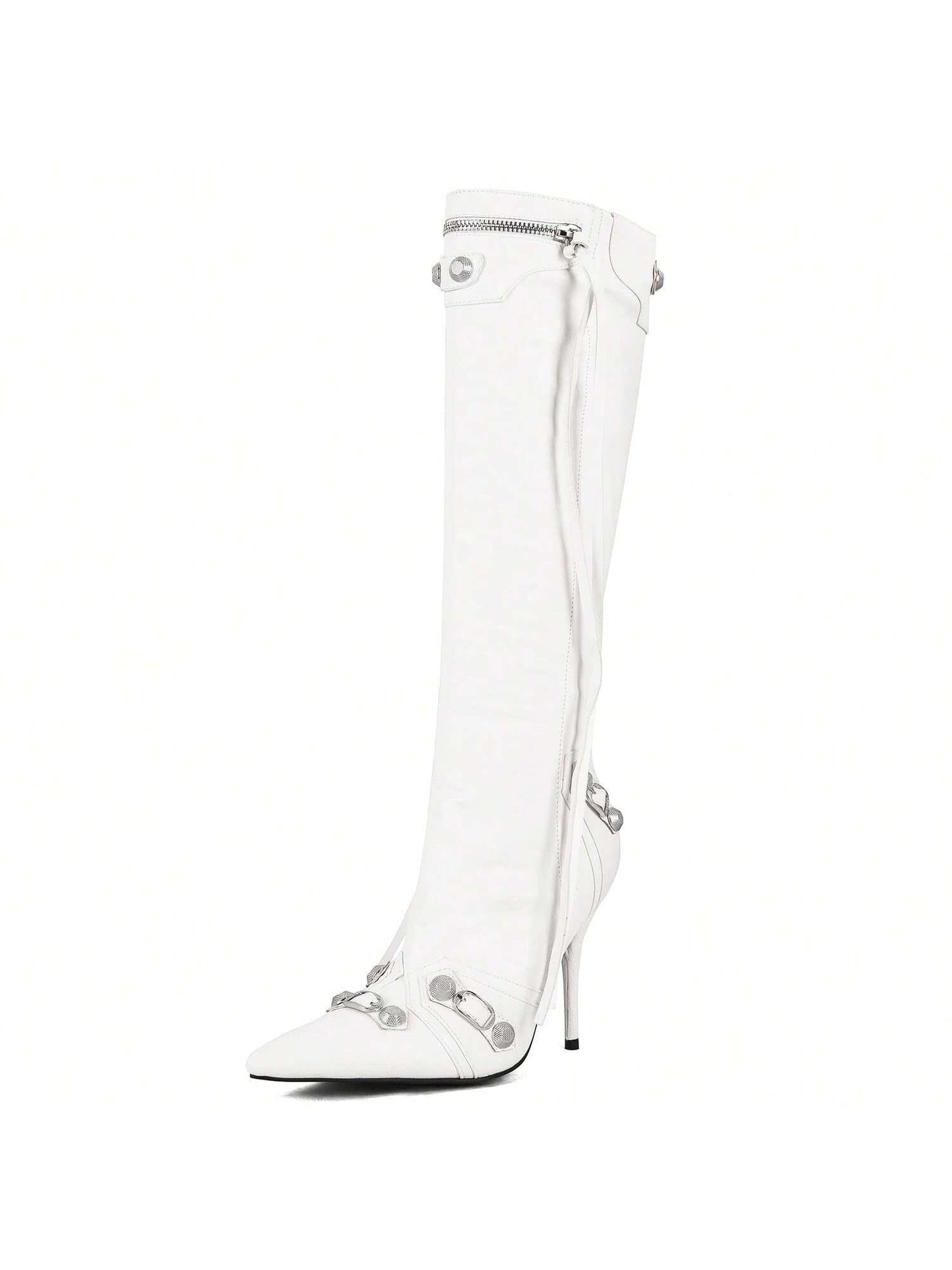 Yishaweiqi Stiletto Heels Boots Pointed Toe Rivets Studded Knee High Boots Zipper Long Boot