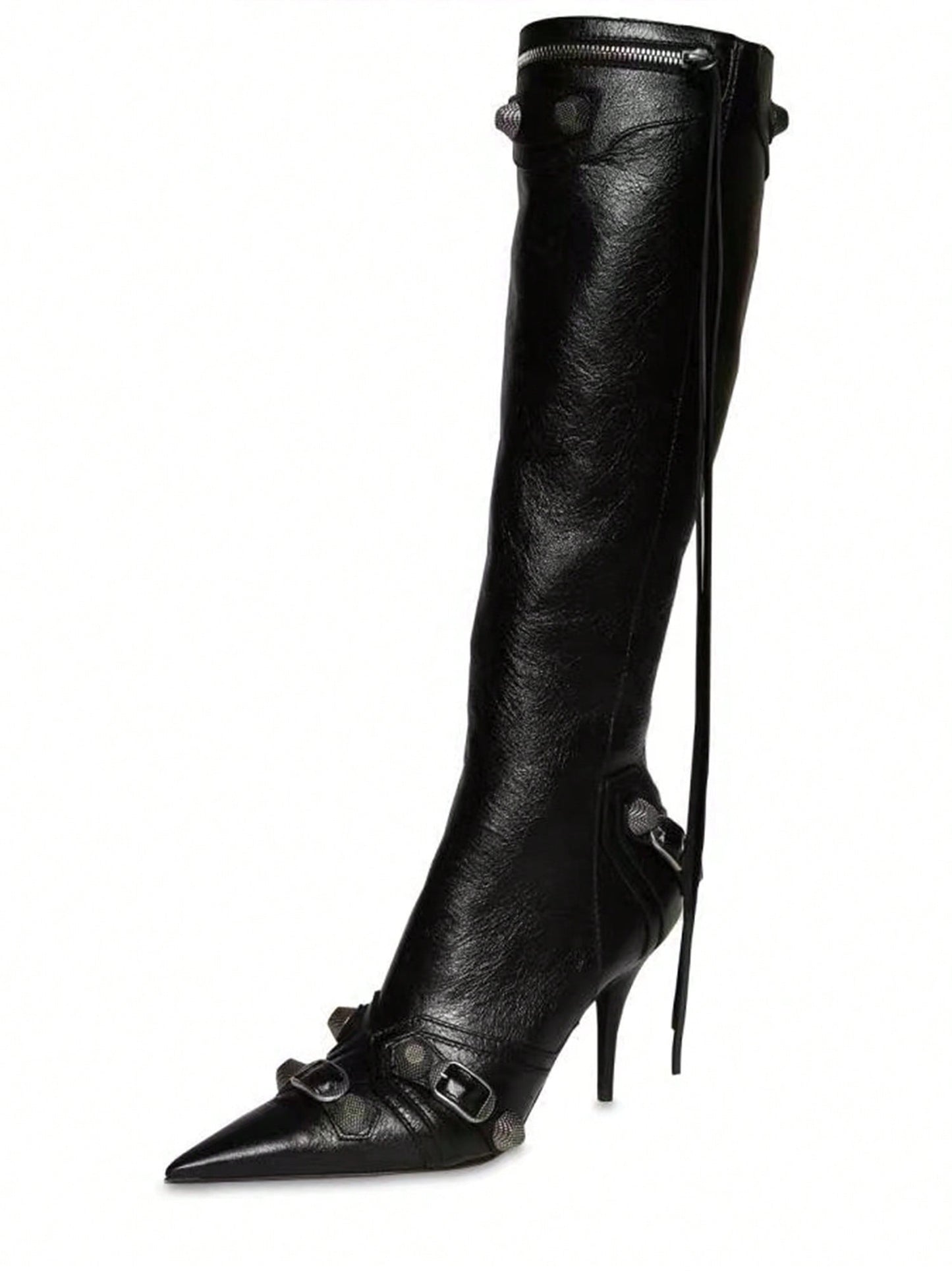 Yishaweiqi Stiletto Heels Boots Pointed Toe Rivets Studded Knee High Boots Zipper Long Boot