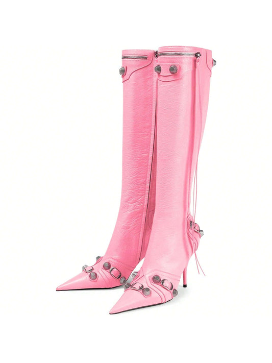 Yishaweiqi Stiletto Heels Boots Pointed Toe Rivets Studded Knee High Boots Zipper Long Boot