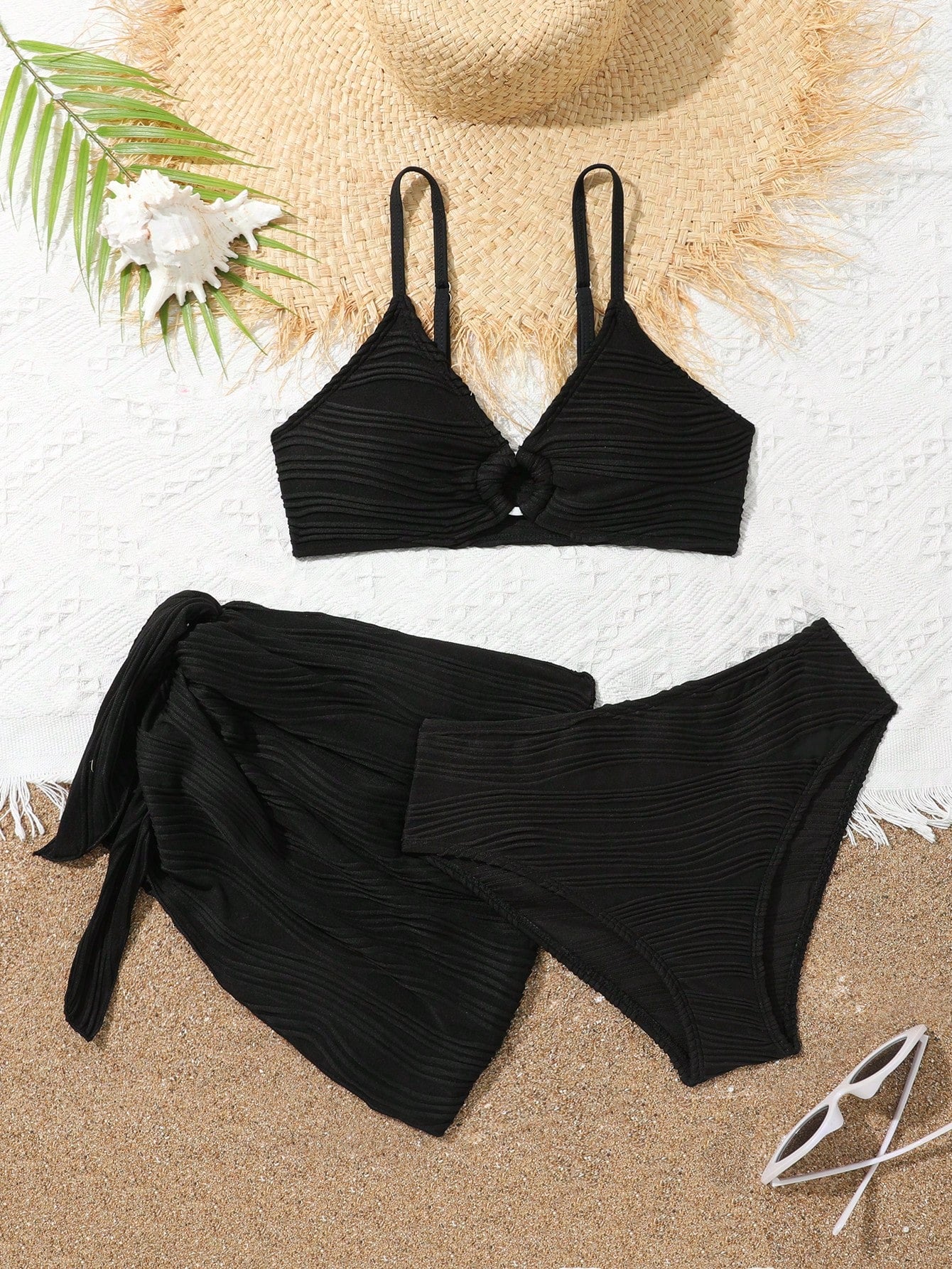 Teen Girl Solid Color Three-Piece Bikini Set Summer Beach