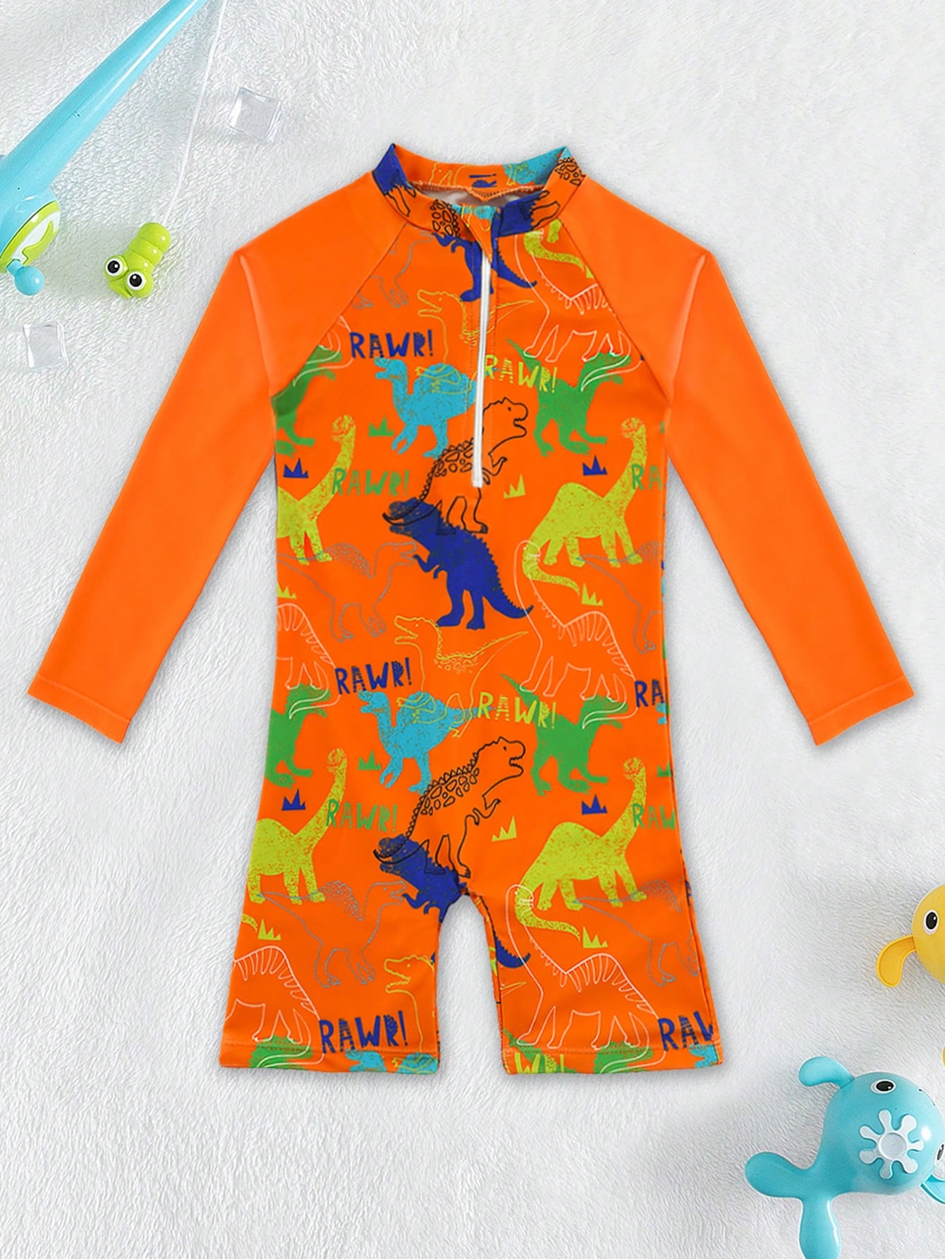 Young Boy Allover Dinosaur Print Zipper Front One Piece Swimsuit