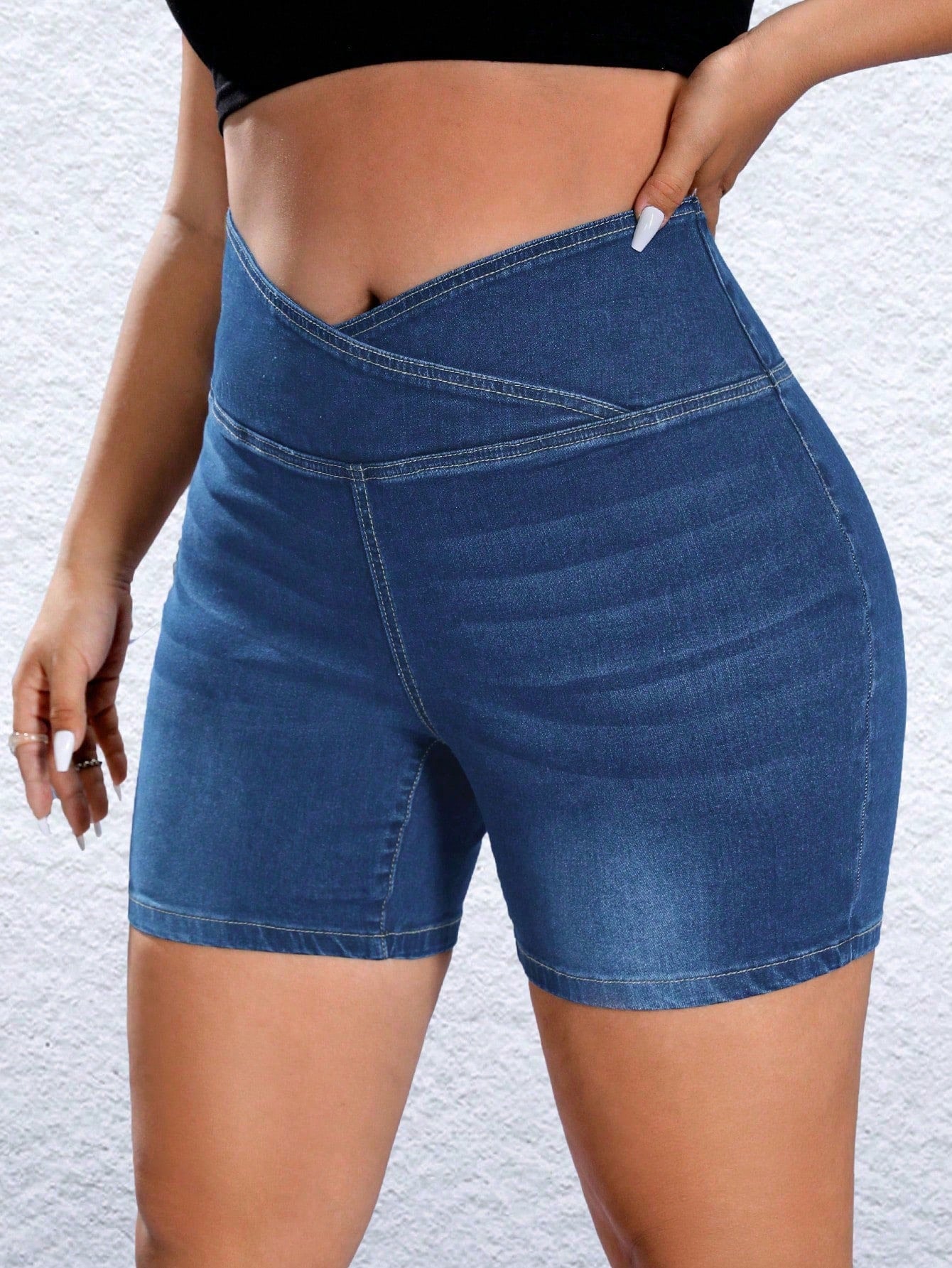 Plus Size Solid Color Asymmetrical Wrap Overlap High Waist Denim Shorts, Summer