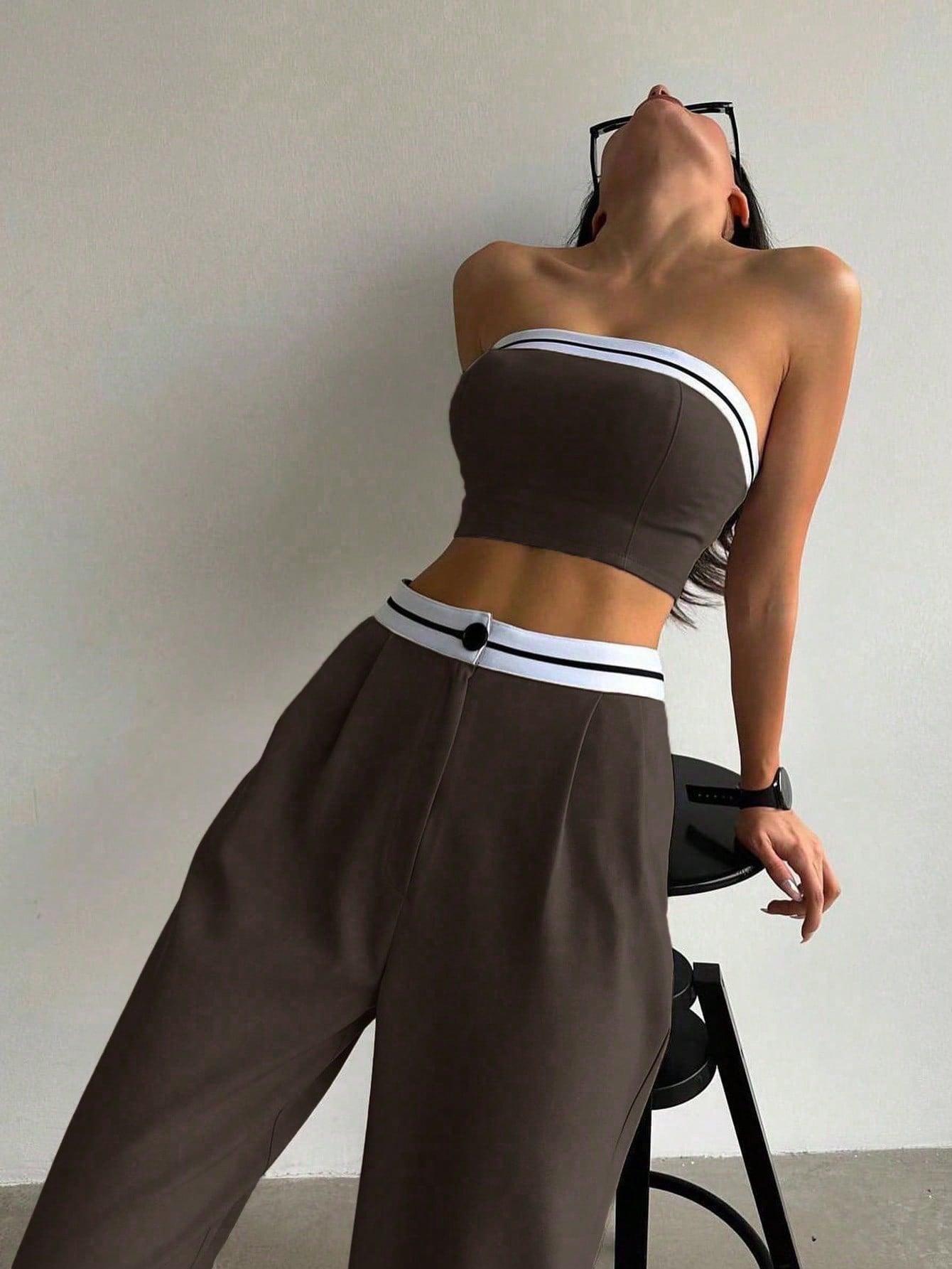 Women's Summer Striped Tube Crop Top And Pants Casual 2pcs Set