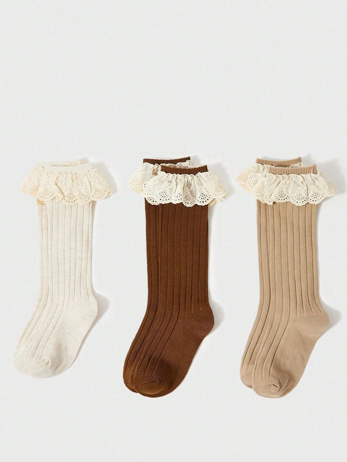 3pairs Children's Simple Lace Edge Solid Color Knee High Socks, Suitable For Girls' Sweet And Lovely Daily Wear