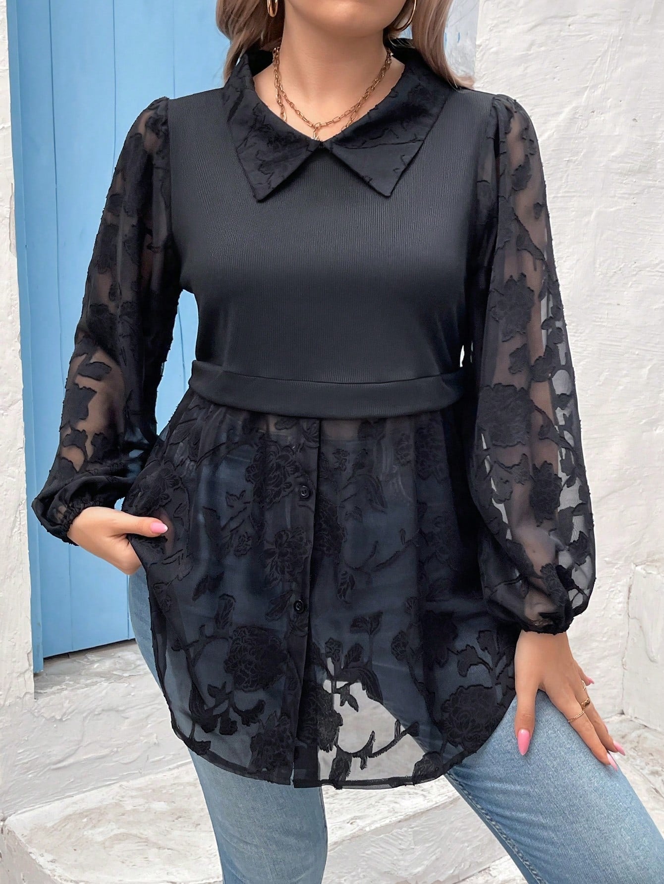 Plus Size Two-In-One Lantern Sleeve Top