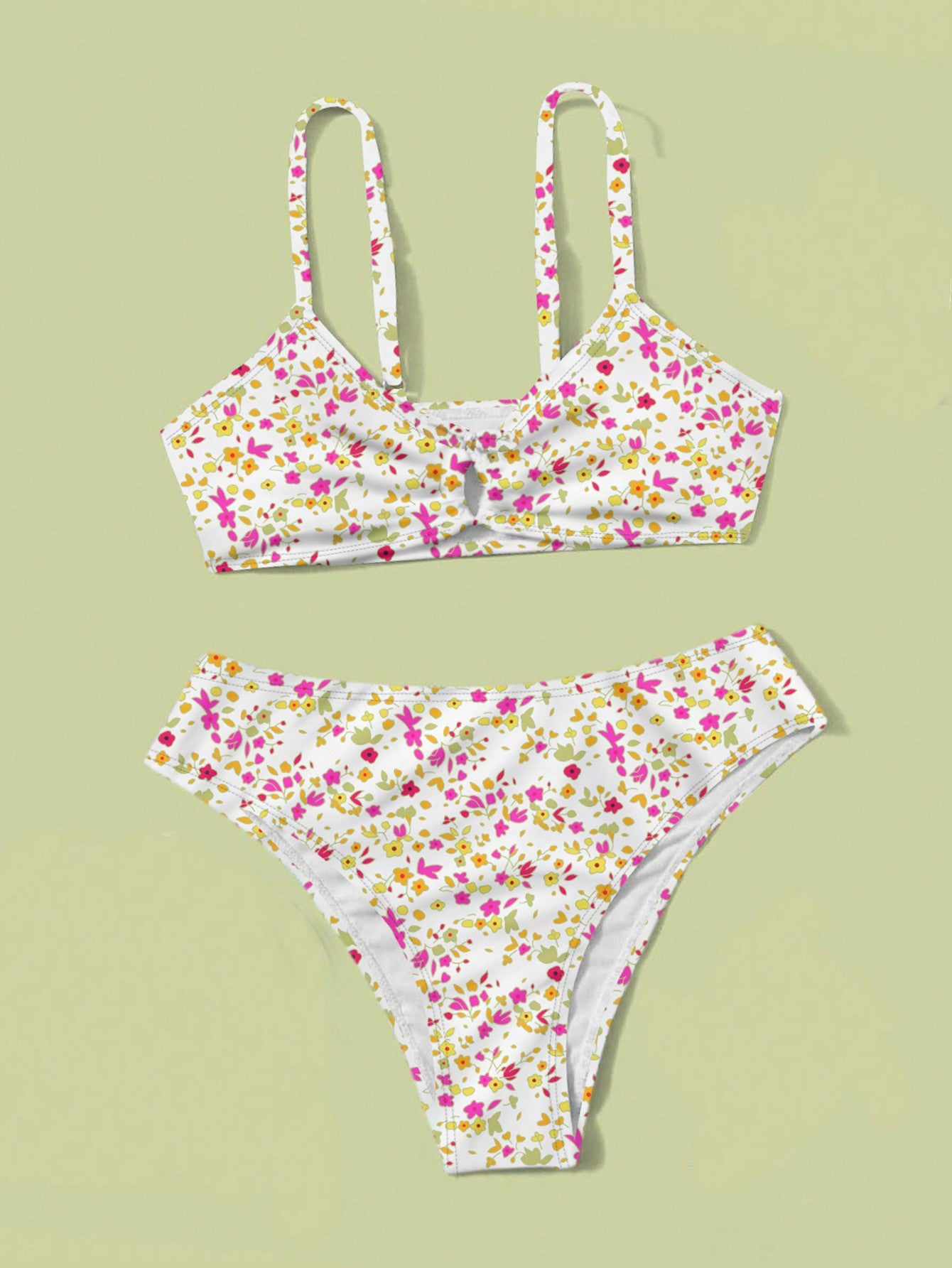 Teen Girls' Floral And Print Hollow Out Detail Bikini Set 2 Pieces