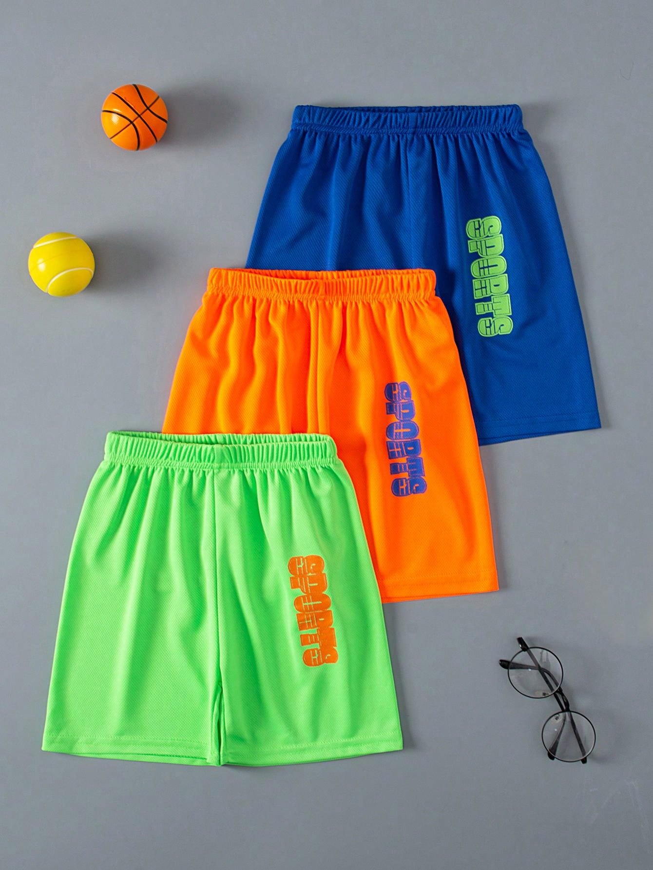 Pack Of 3 Quick-Drying Sports Shorts With Letter Prints For Young Boy , Breathable For Summer