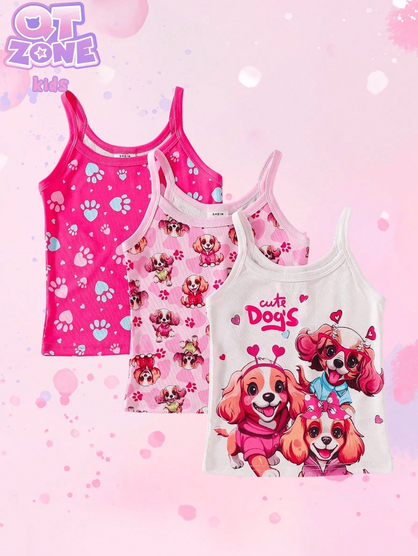 Young Girl Summer Casual Cartoon Printed Camisole Top Set , 3pcs