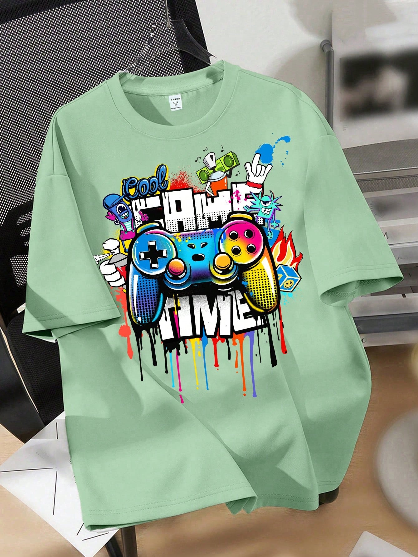 Tween Boys Leisure Simple Cartoon Game Console Print Short Sleeve Round Neck T-Shirt, Suitable For Summer