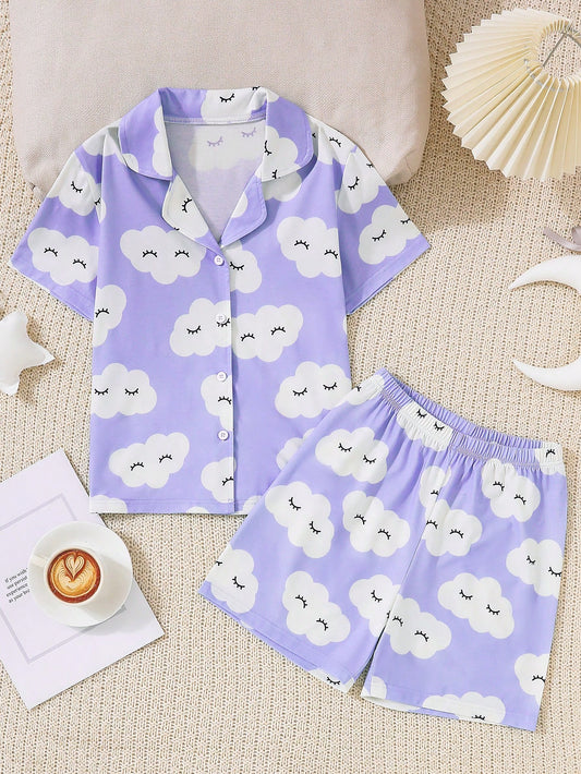 Tween Girl Cute Cloud Printed Shorts And Short-Sleeved Cardigan Set With Button, Casual And Flame-Retardant Homewear