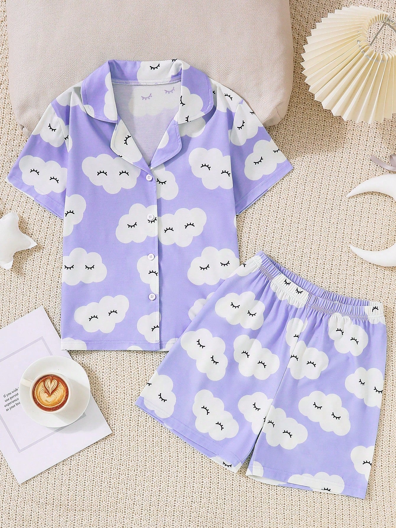 Tween Girl Lovely Cloud Print Shorts & Short Sleeve Cardigan Set, Button Closure, Casual Fire-Retardant Home Outfit