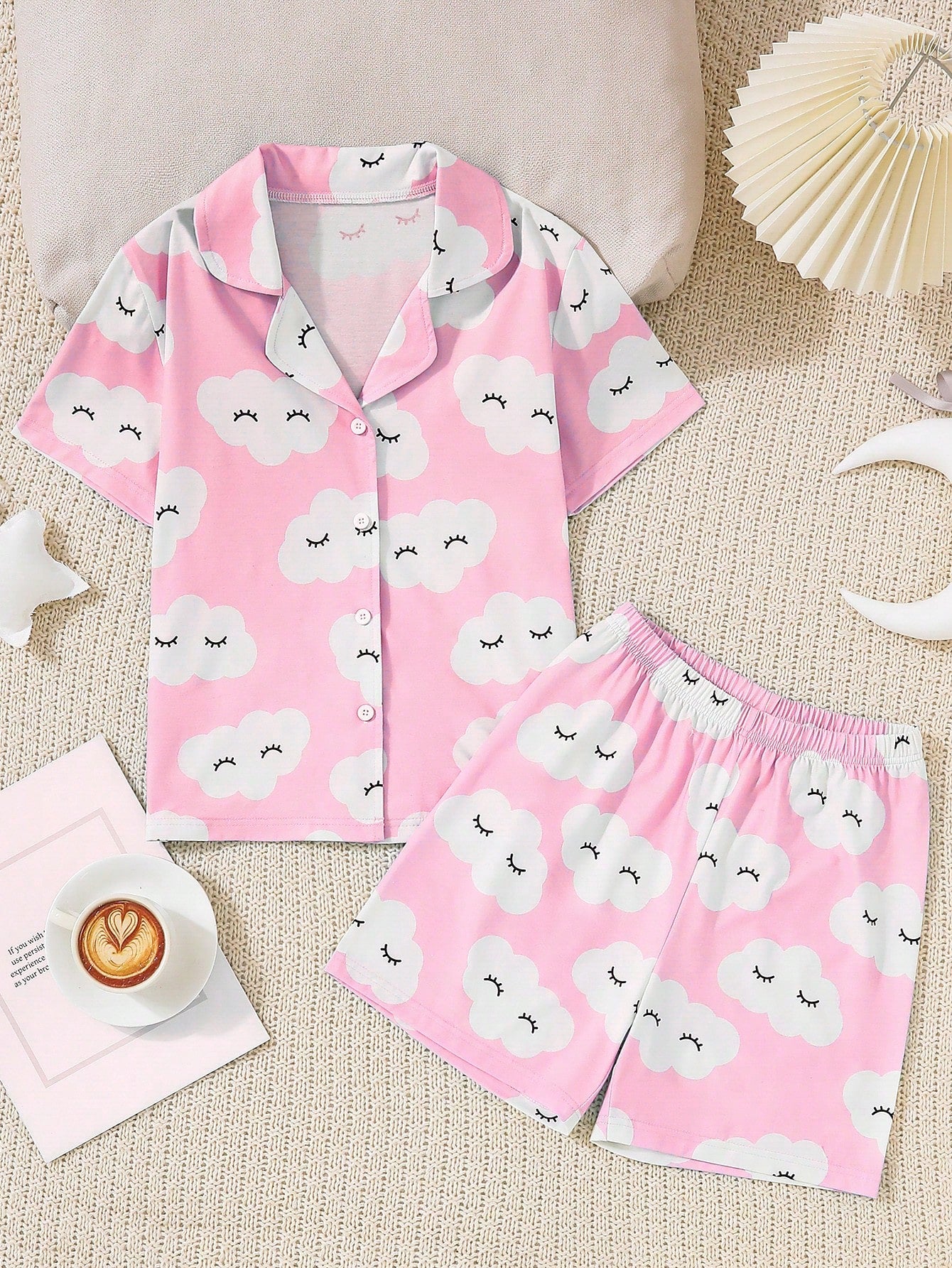 Tween Girl Lovely Cloud Print Shorts & Short Sleeve Cardigan Set, Button Closure, Casual Fire-Retardant Home Outfit