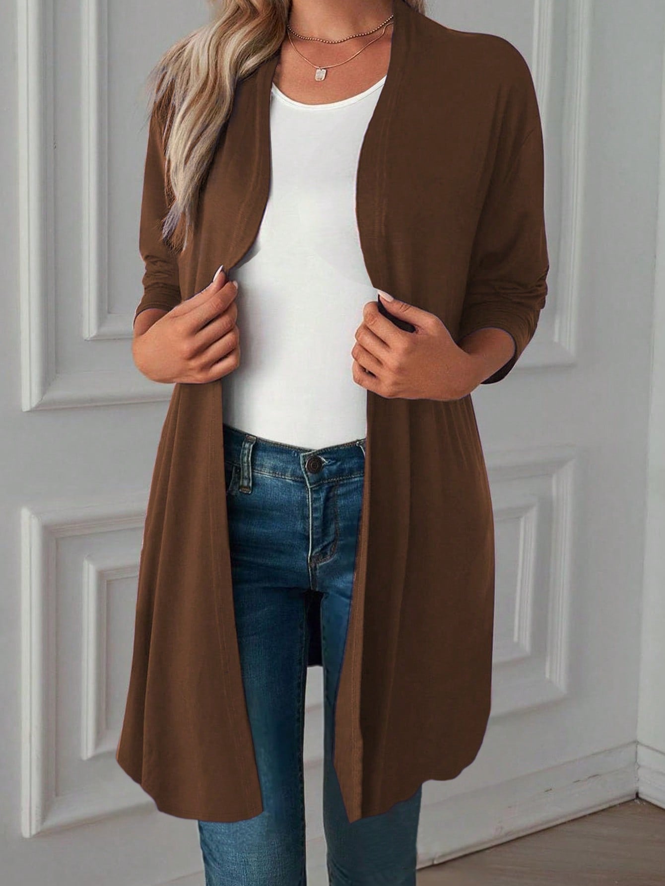 Plus Size Round Neck Solid Color Casual Knitted Flare Sleeve Jacket