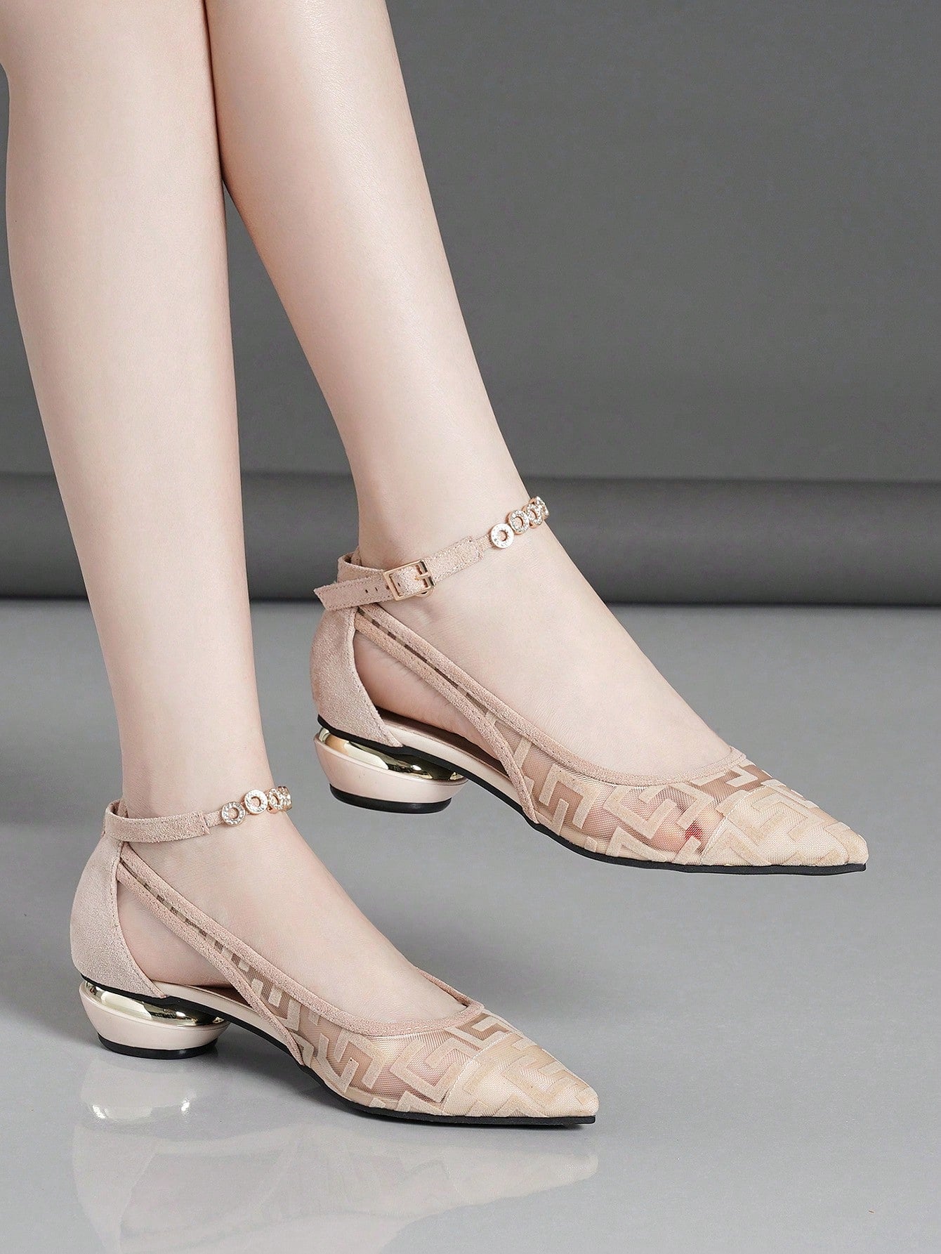 Women Pointed Toe Thick Heel High Heel Shoes With One-Line Buckle Mesh Breathable Rhinestone Mid-Heel