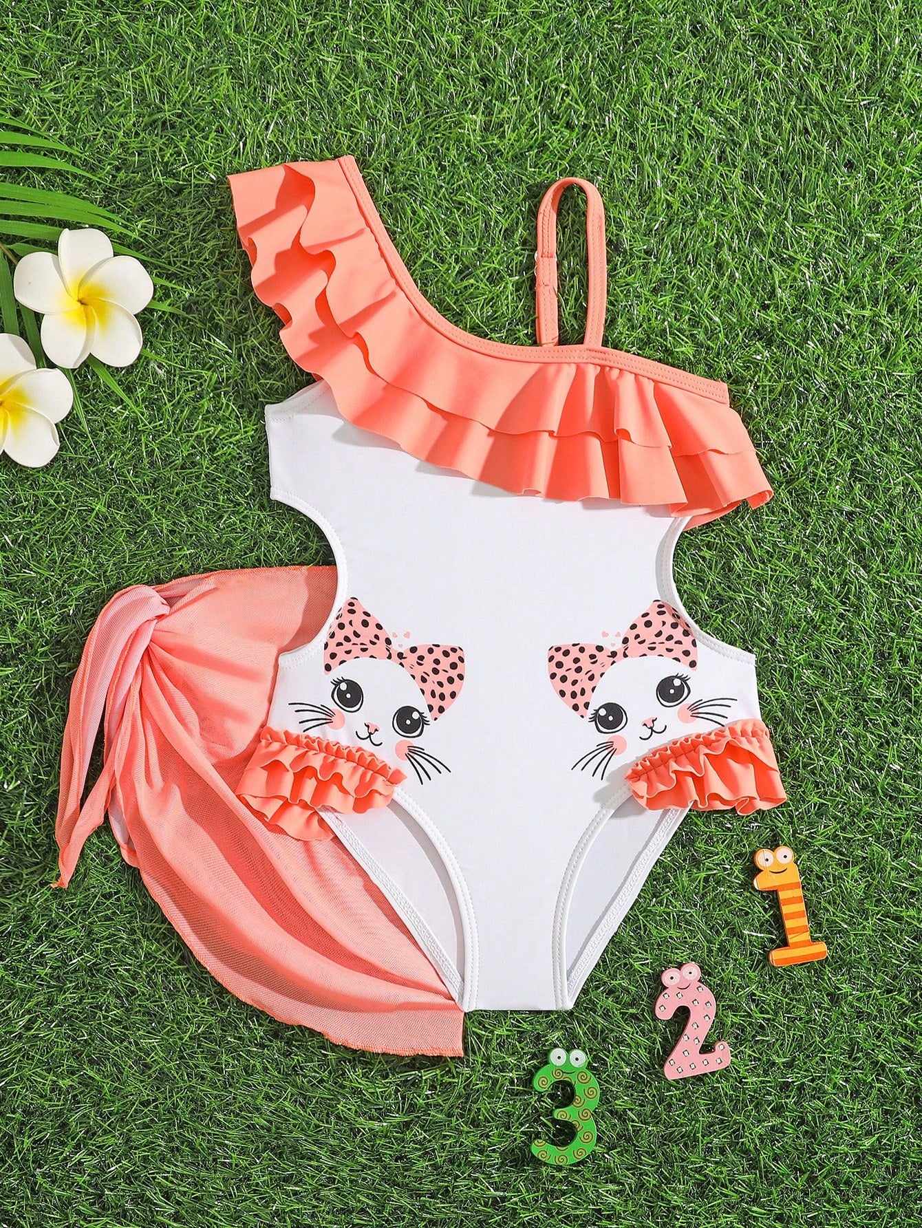 Young Girl Flamingo Print Color Block Ruffle One Piece Swimsuit With Matching Cover Up