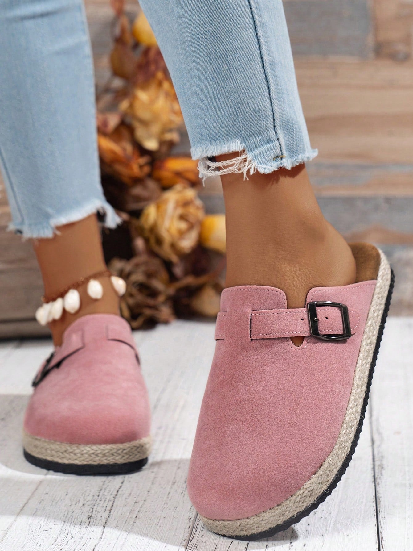 Women's Buckle Design Backless Fashionable Linen Rope Light Sneakers With Flat Non-Slip Sole